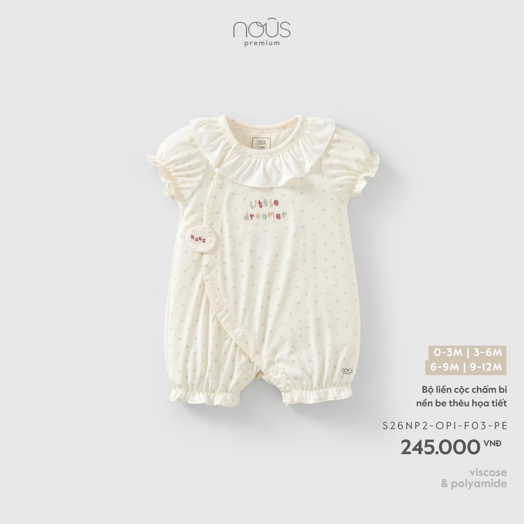 Nous Bộ liền cộc chấm bi nền be thêu họa tiết (0M,3M,6M,9M)