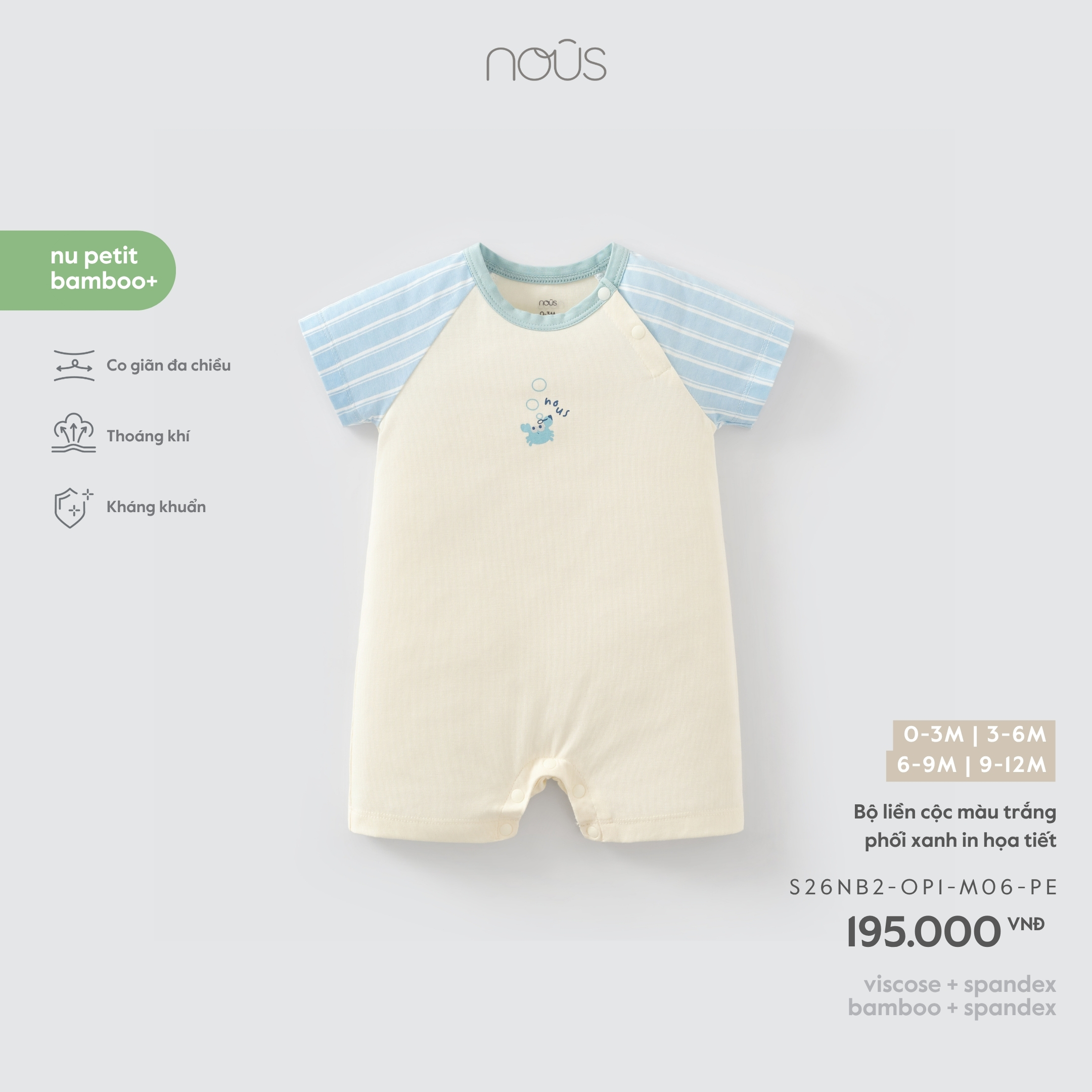 Nous Bộ liền cộc màu trắng phối xanh in họa tiết (0M,3M,6M,9M)