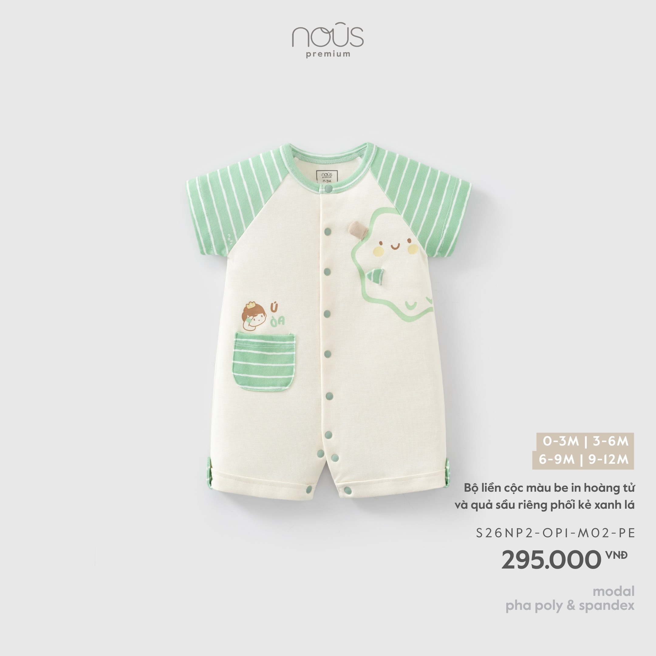 Nous Bộ liền cộc màu be in hoàng tử và quả sầu riêng phối kẻ xanh lá (3M,6M,9M)