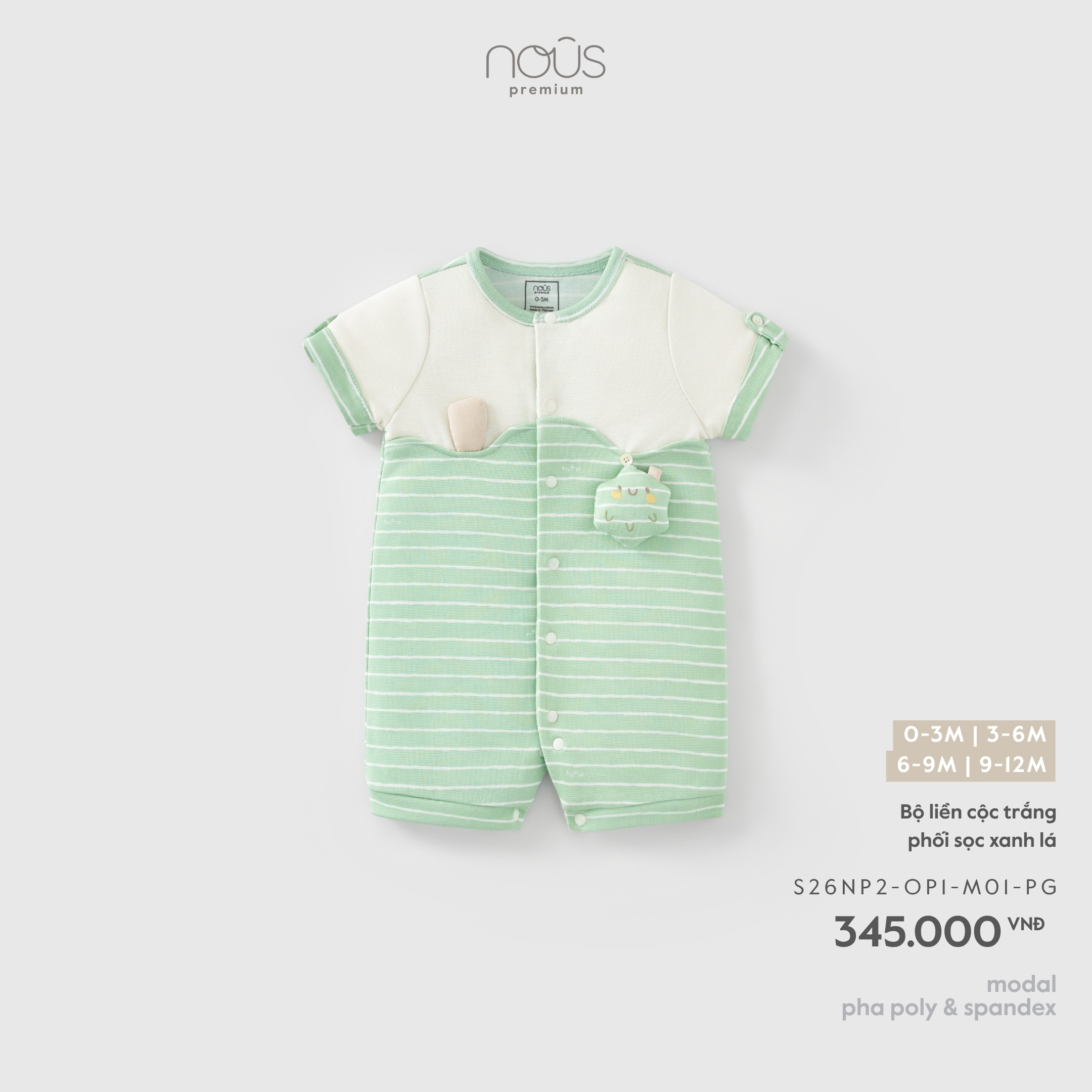 Nous Bộ liền cộc trắng phối sọc xanh lá (3M,6M,9M)