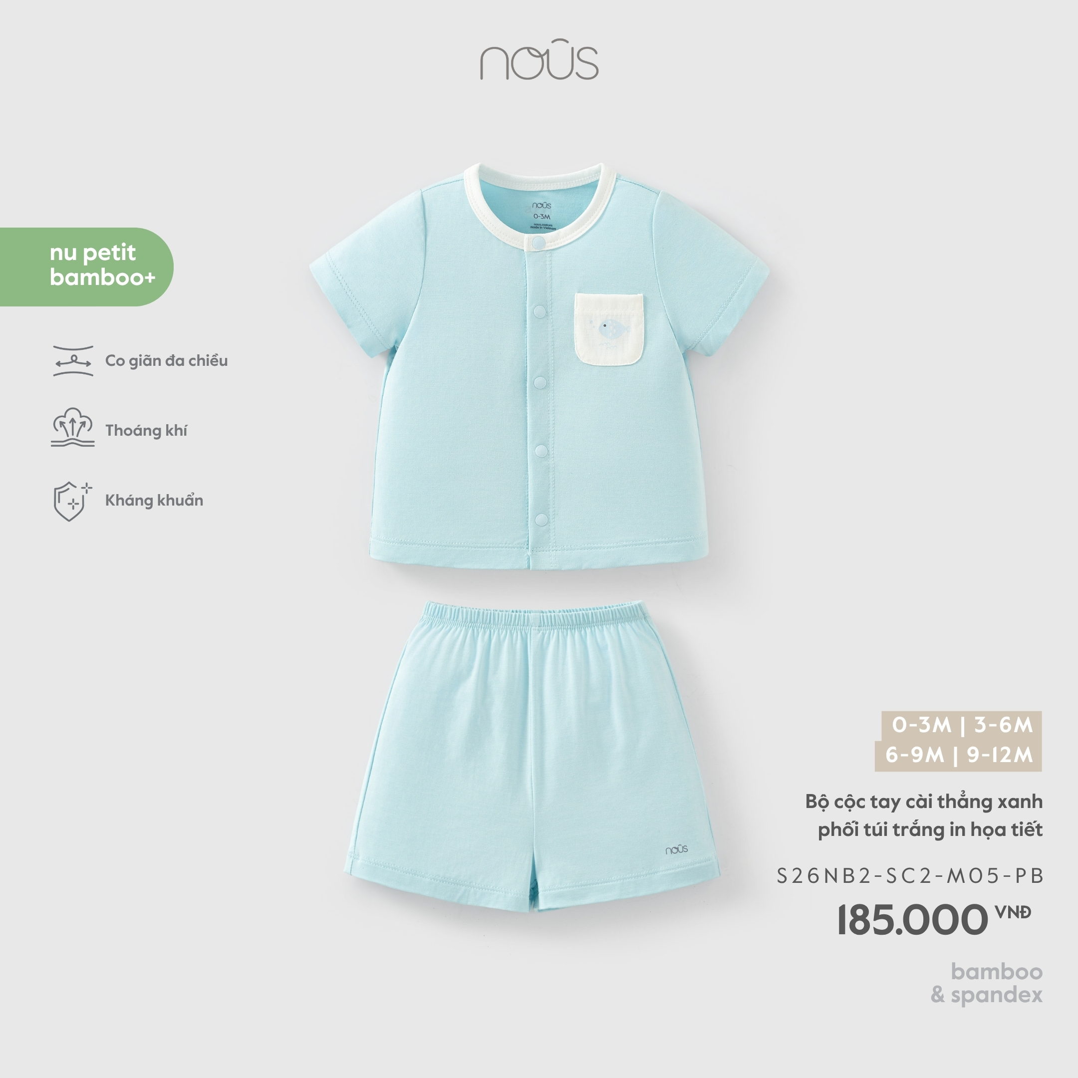 Nous Bộ cộc tay cài thẳng xanh phối túi trắng in họa tiết (0M,3M,6M,9M)