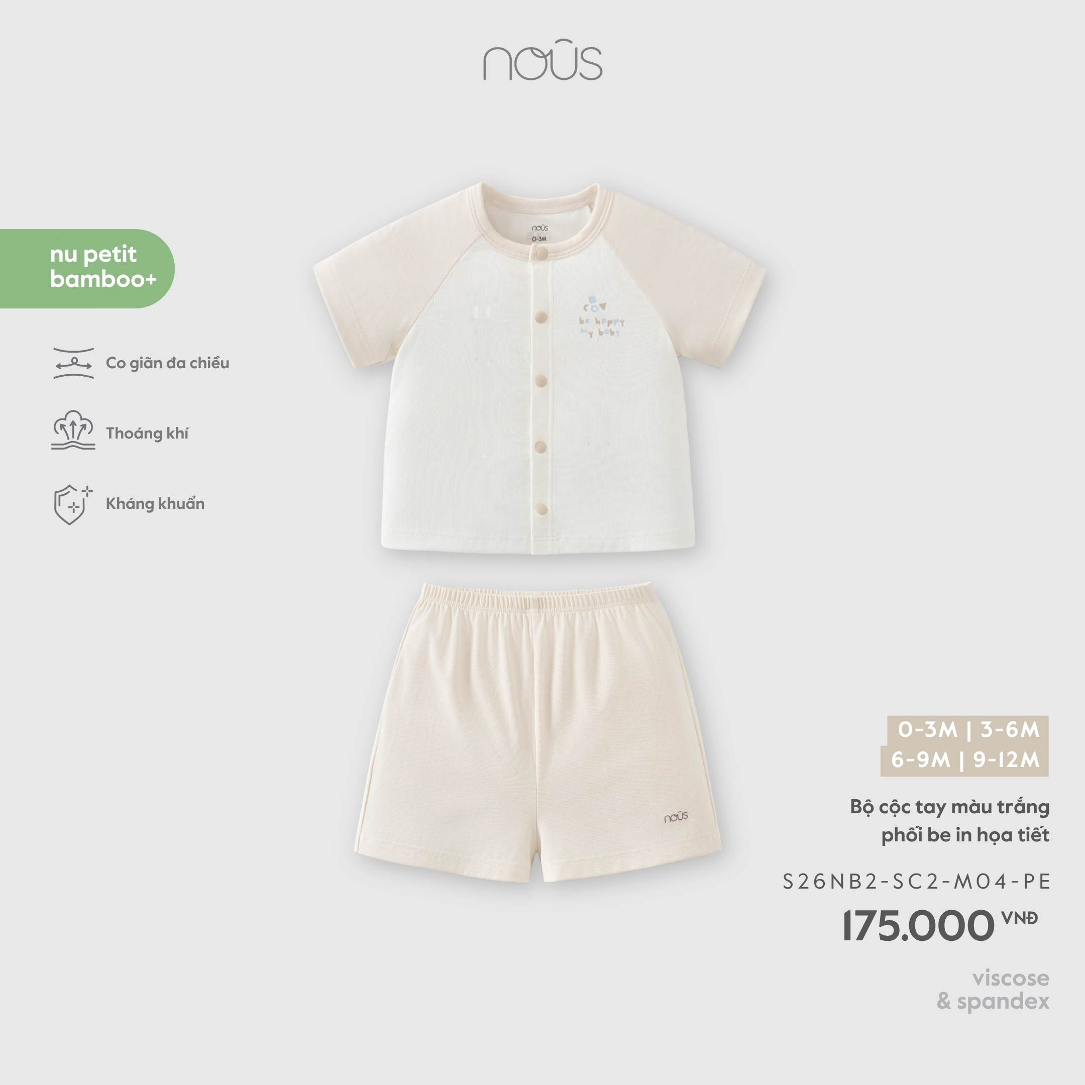 Nous Bộ cộc tay màu trắng phối be in họa tiết (3M,6M,9M)