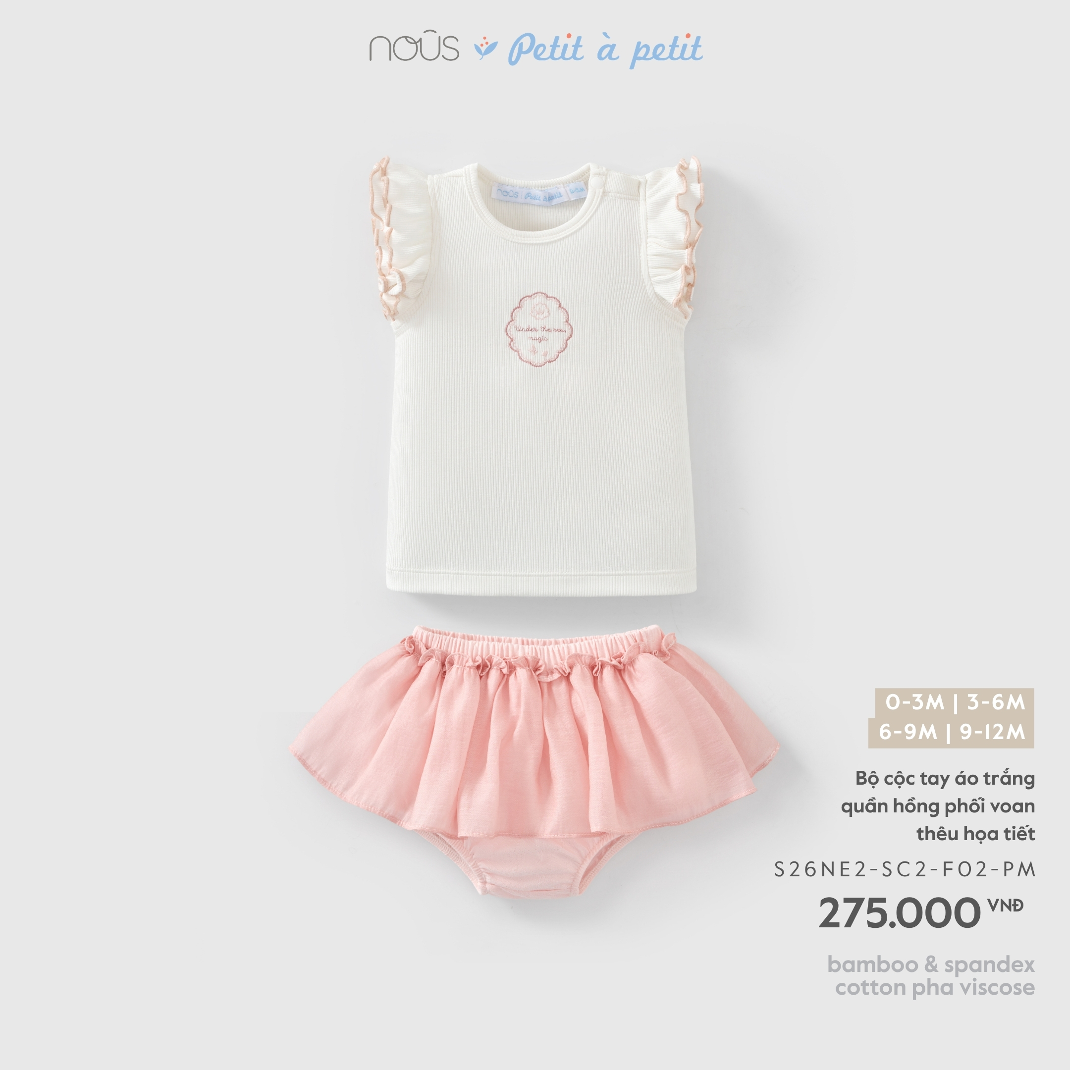 Nous Bộ cộc tay áo trắng quần hồng phối voan thêu họa tiết (3M,6M,9M)