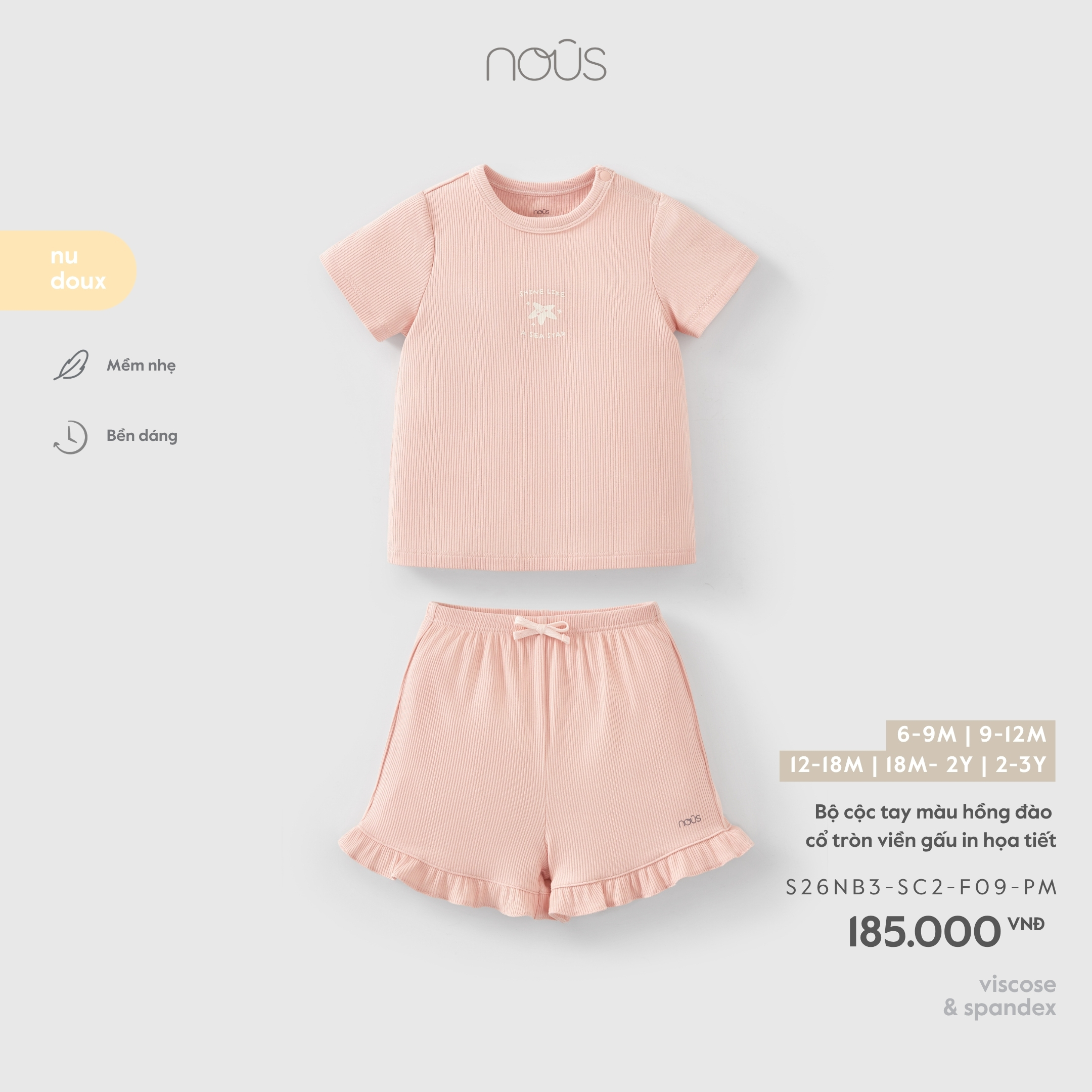 Nous Bộ cộc tay màu hồng đào cổ tròn viền gấu in họa tiết (6M,9M,12M,18M,2Y)