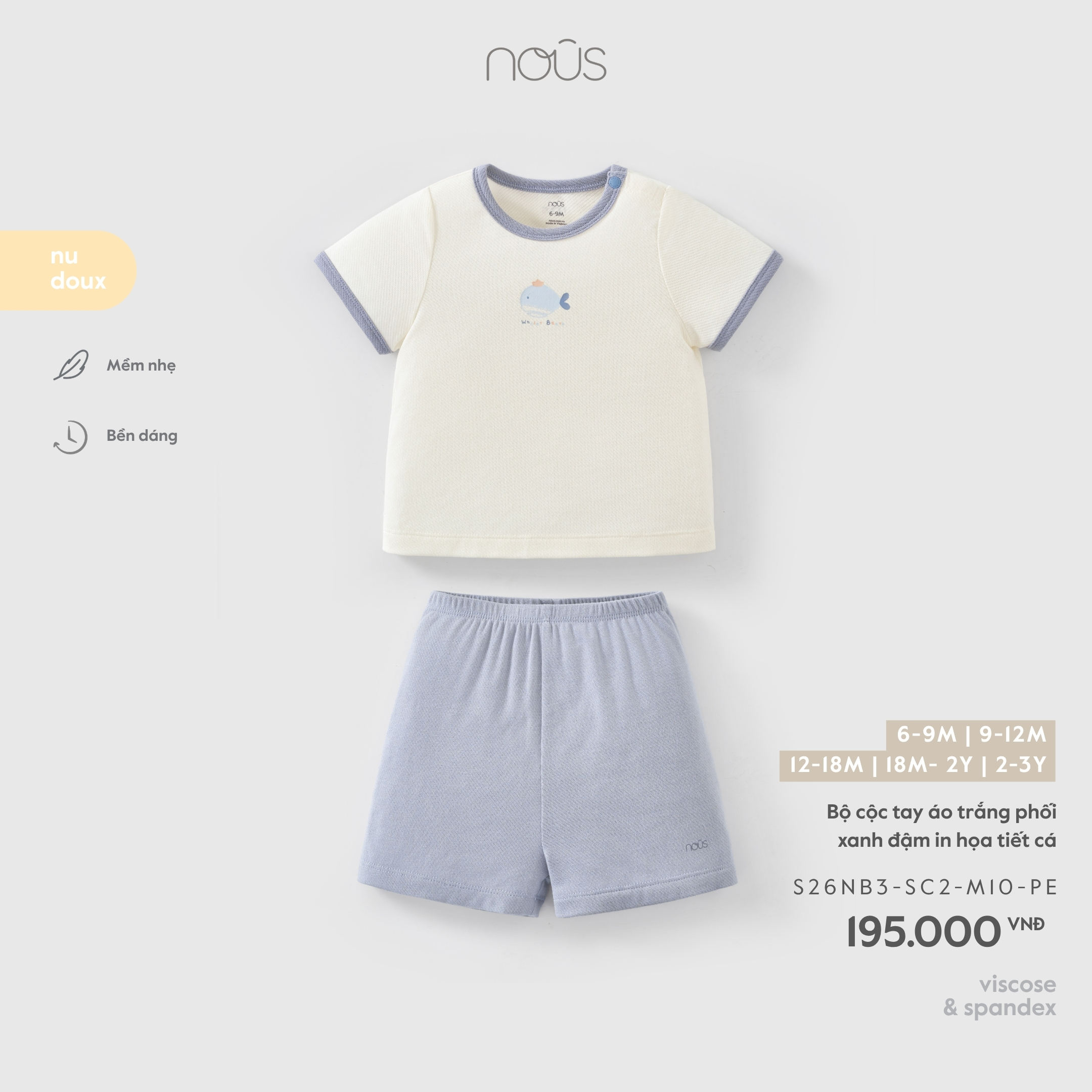 Nous Bộ cộc tay áo trắng phối xanh đậm in họa tiết cá (6M,9M,12M,18M,2Y)
