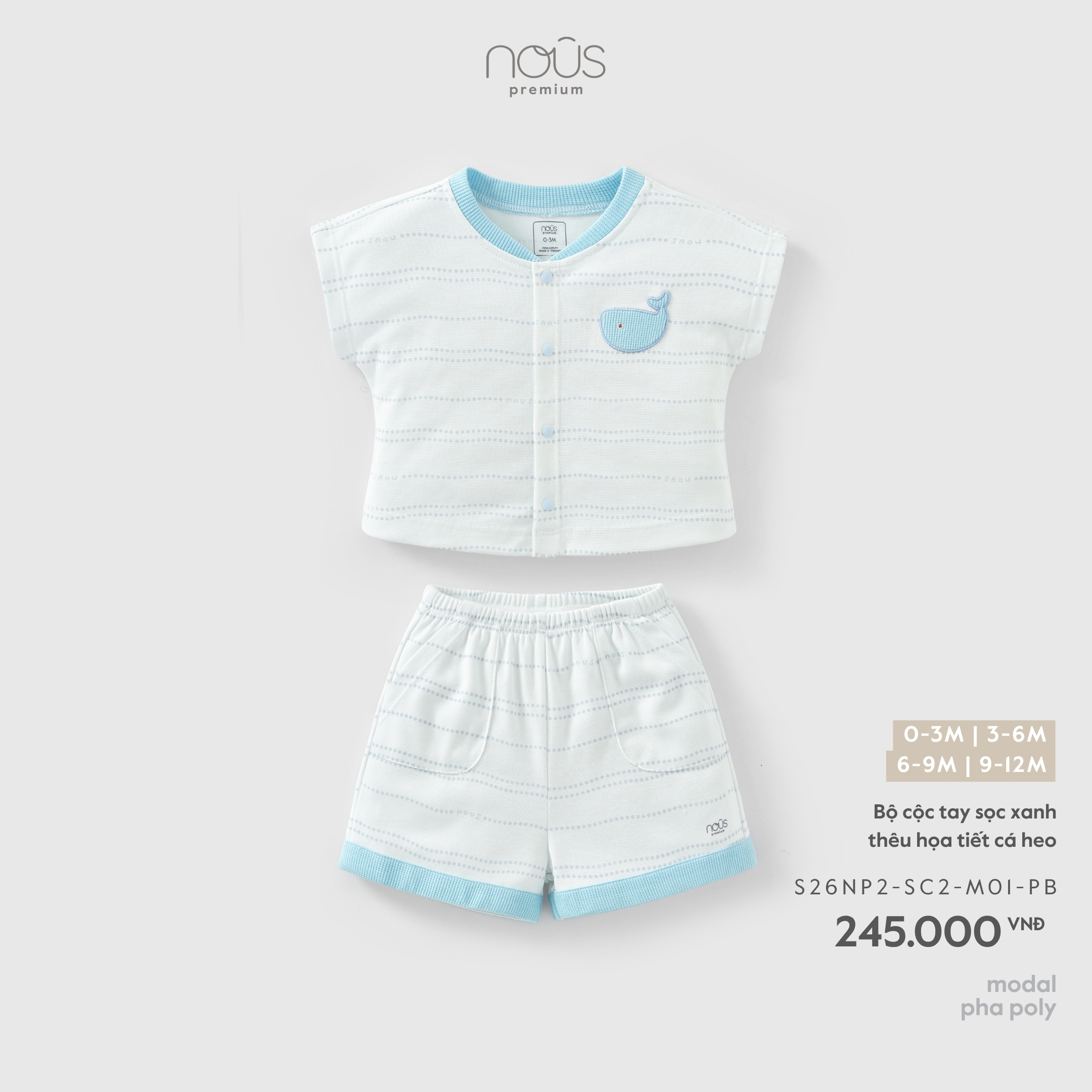 Nous Bộ cộc tay sọc xanh thêu họa tiết cá heo (3M,6M,9M)