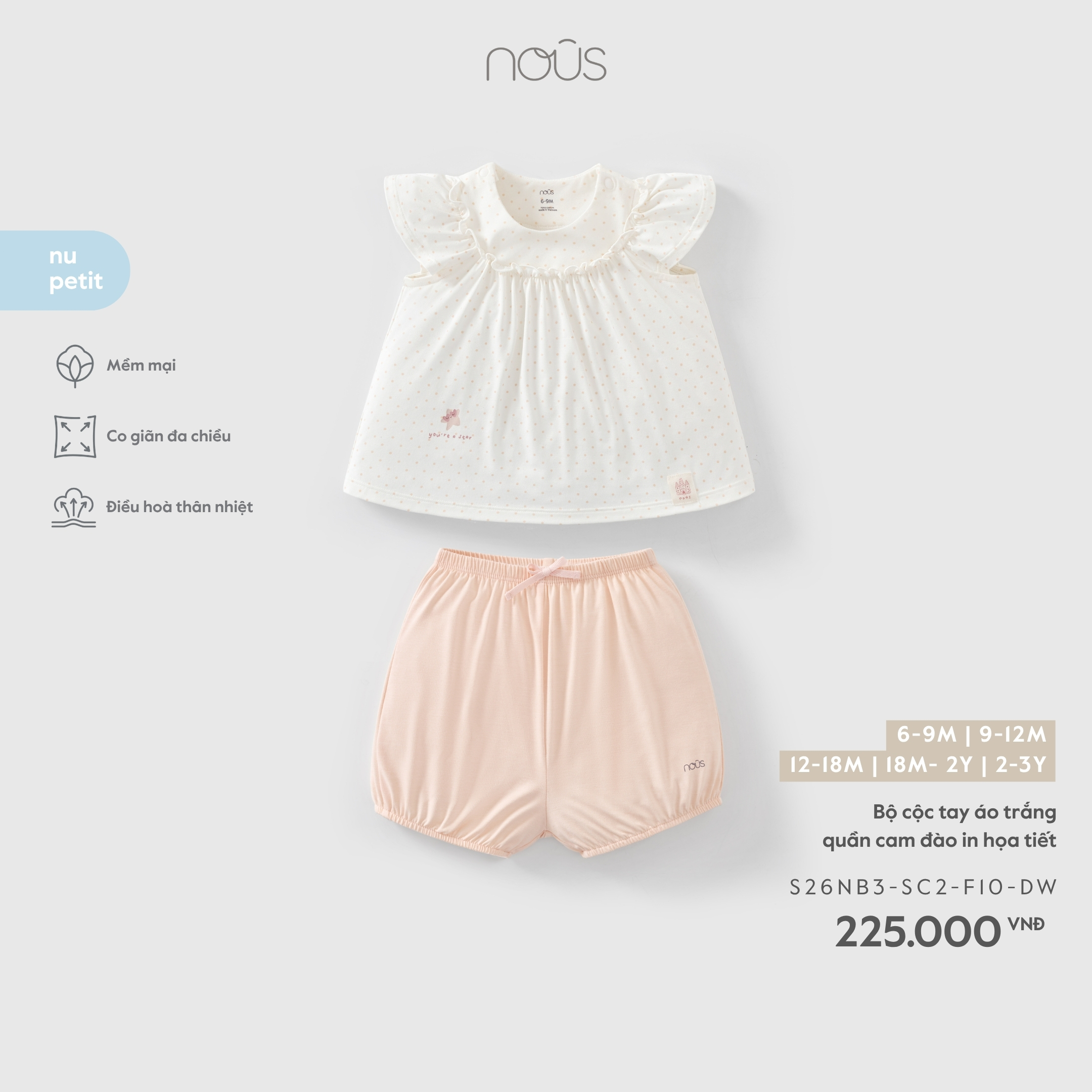 Nous Bộ cộc tay áo trắng quần cam đào in họa tiết (6M,9M,12M,18M,2Y)
