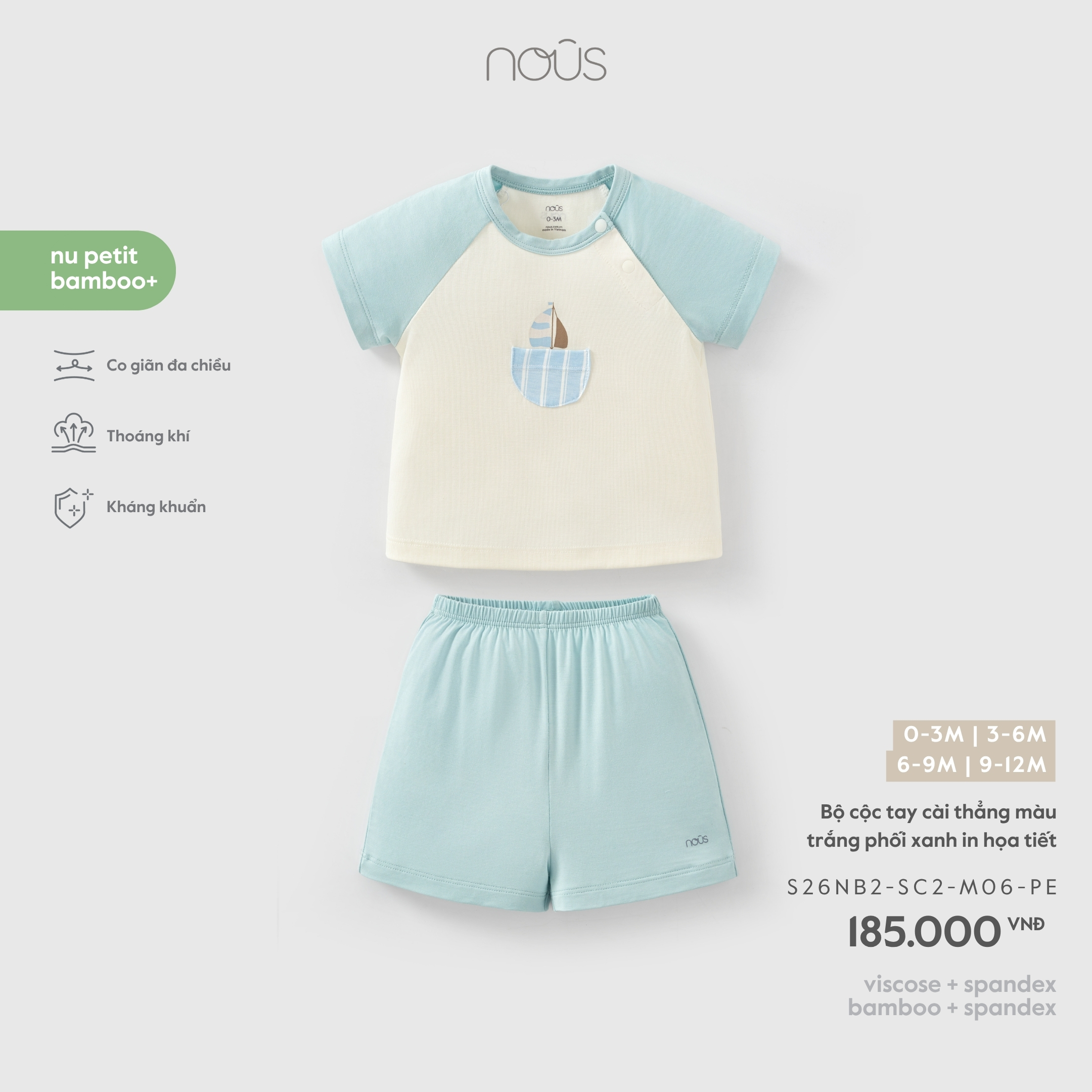 Nous Bộ cộc tay cài thẳng màu trắng phối xanh in họa tiết (0M,3M,6M,9M)