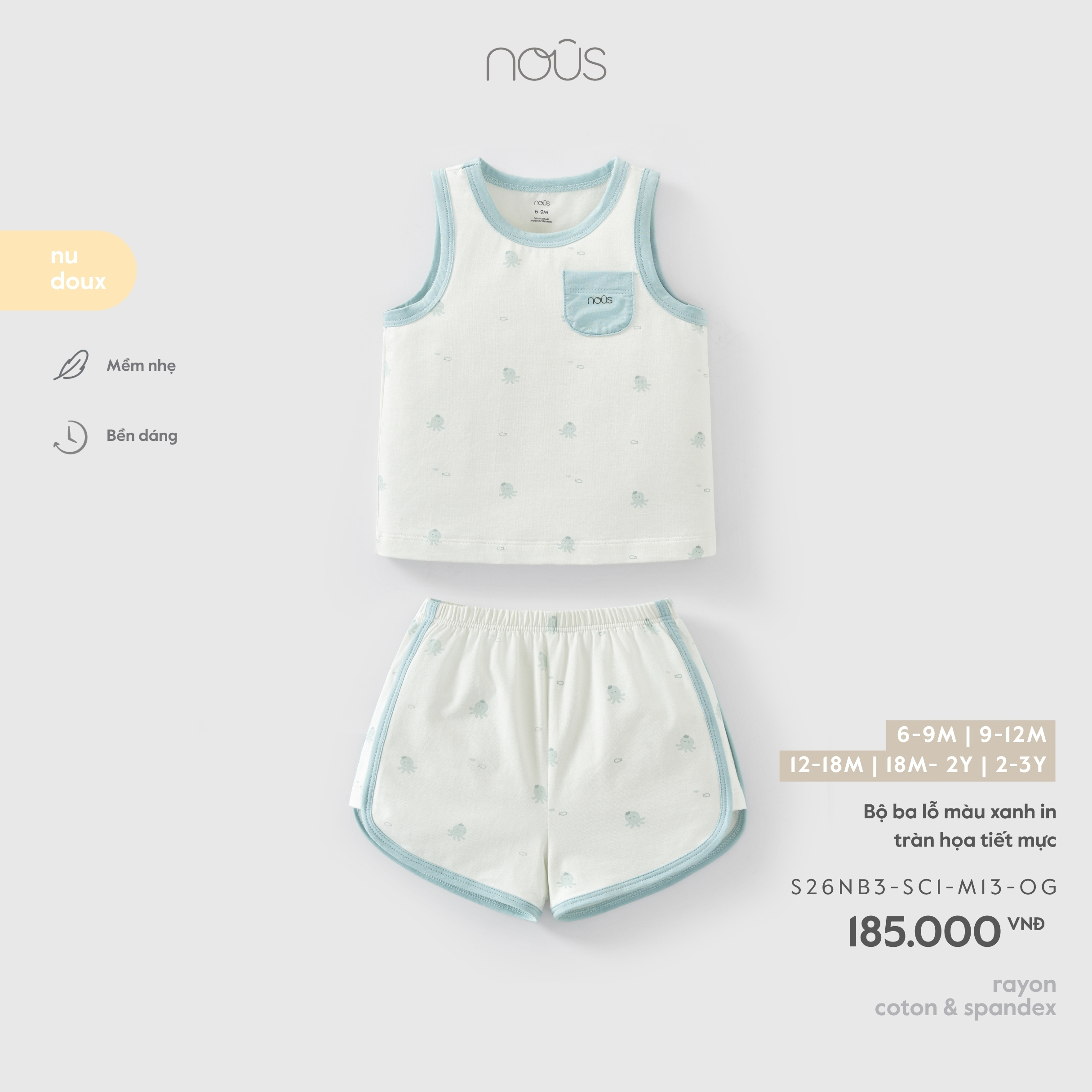 Nous Bộ ba lỗ màu xanh in tràn họa tiết mực (6M,9M,12M,18M,2Y)