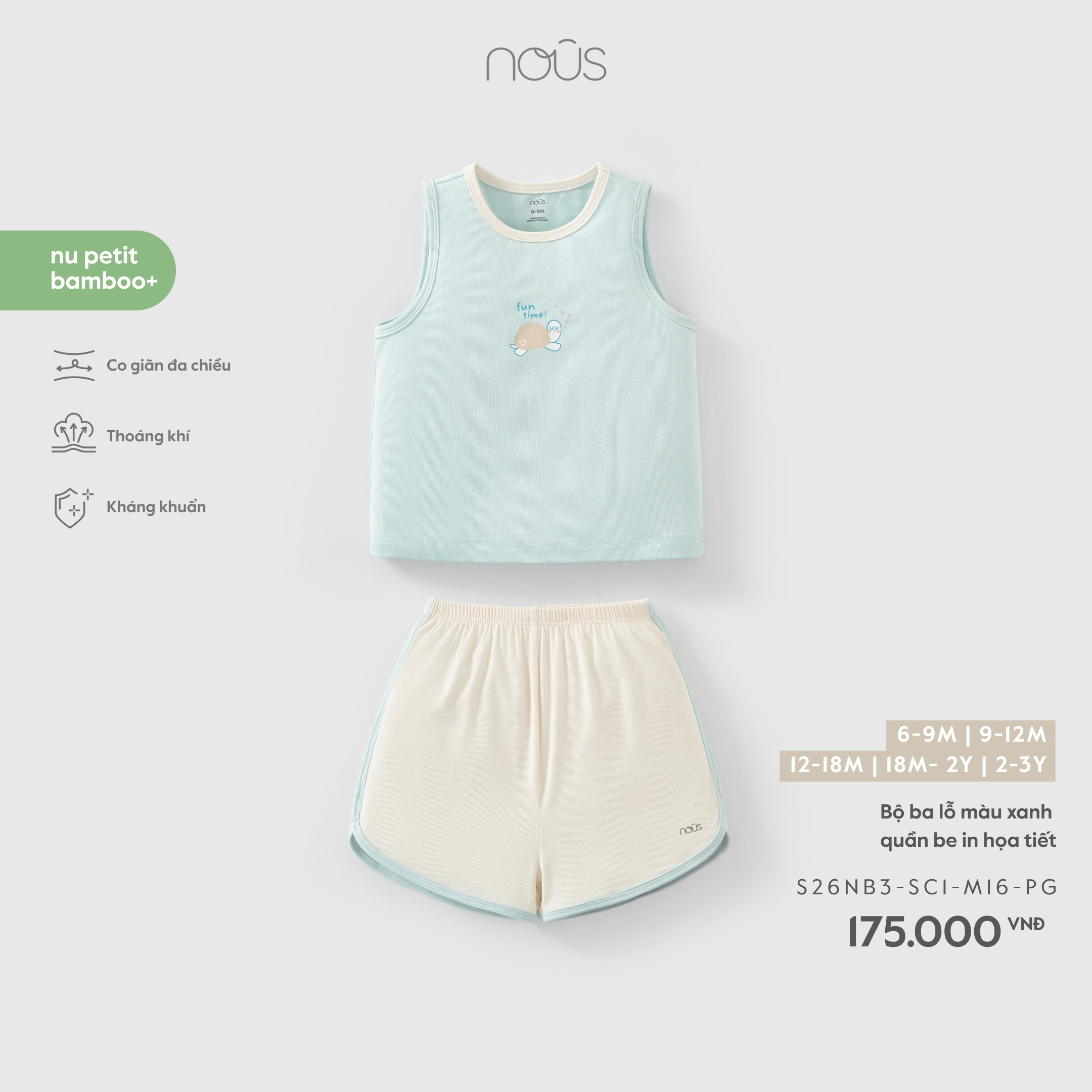 Nous Bộ ba lỗ màu xanh quần be in họa tiết (6M,9M,12M,18M,2Y)