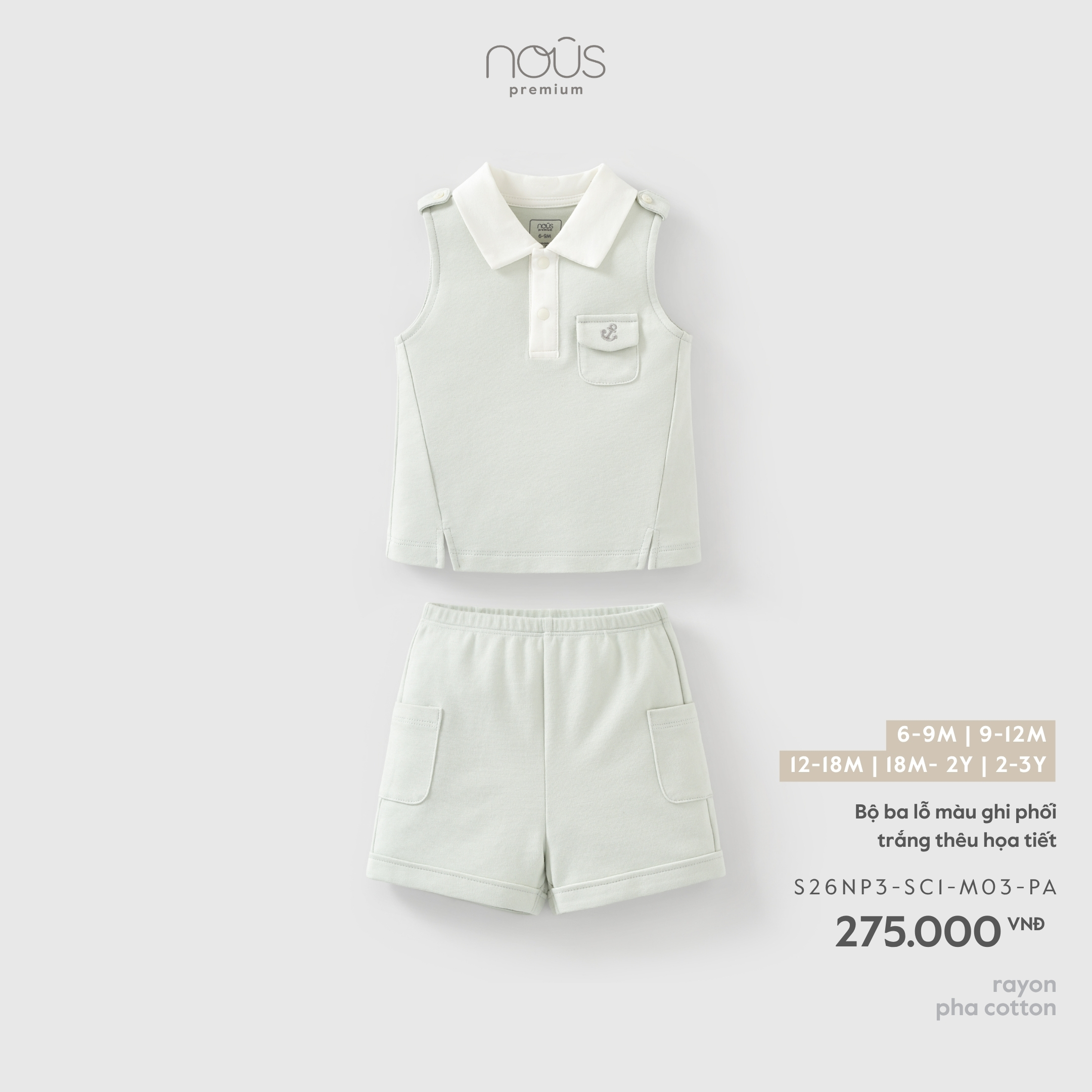 Nous Bộ ba lỗ màu ghi phối trắng thêu họa tiết (6M,9M,12M,18M,2Y)