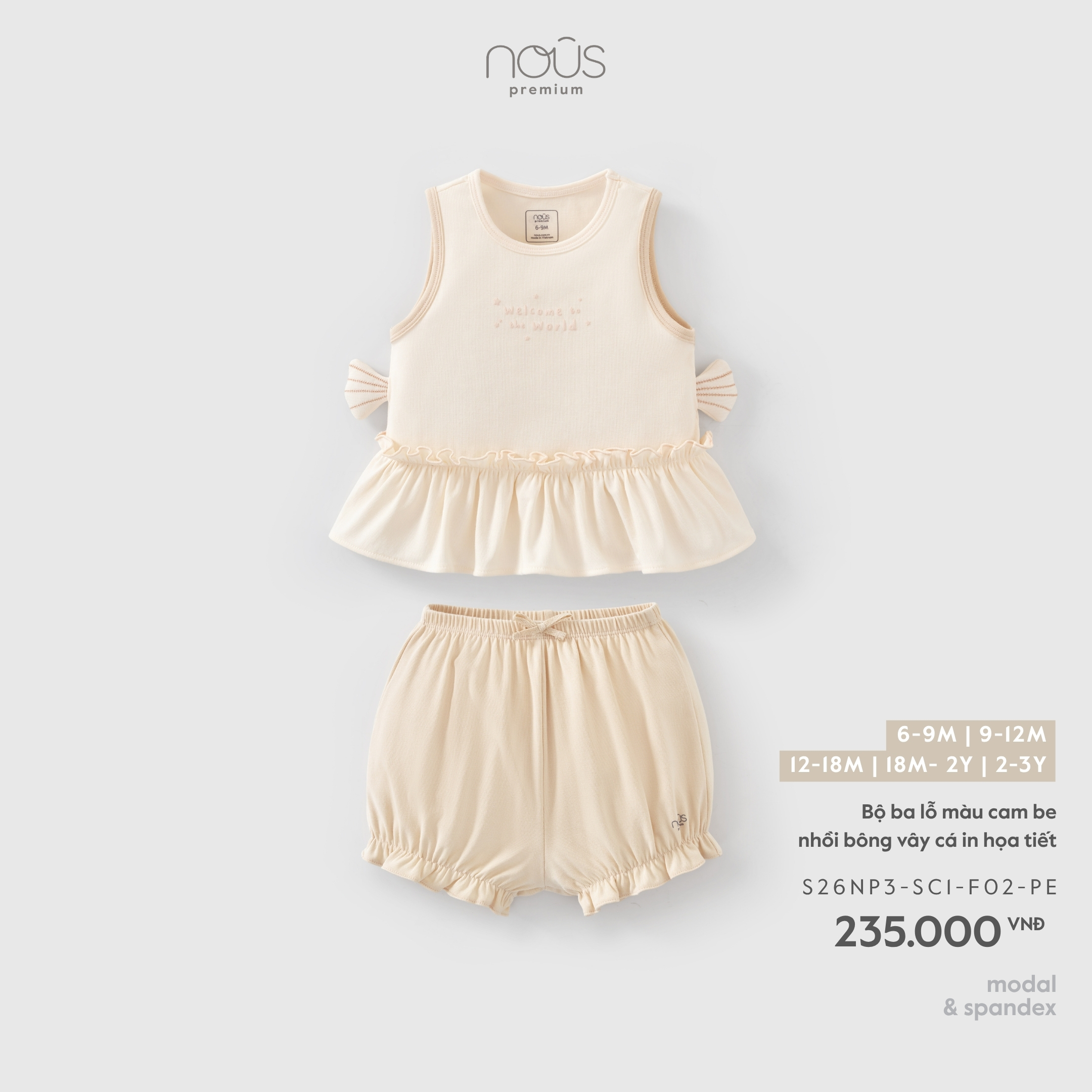 Nous Bộ ba lỗ màu cam be nhồi bông vây cá in họa tiết (6M,9M,12M,18M,2Y)