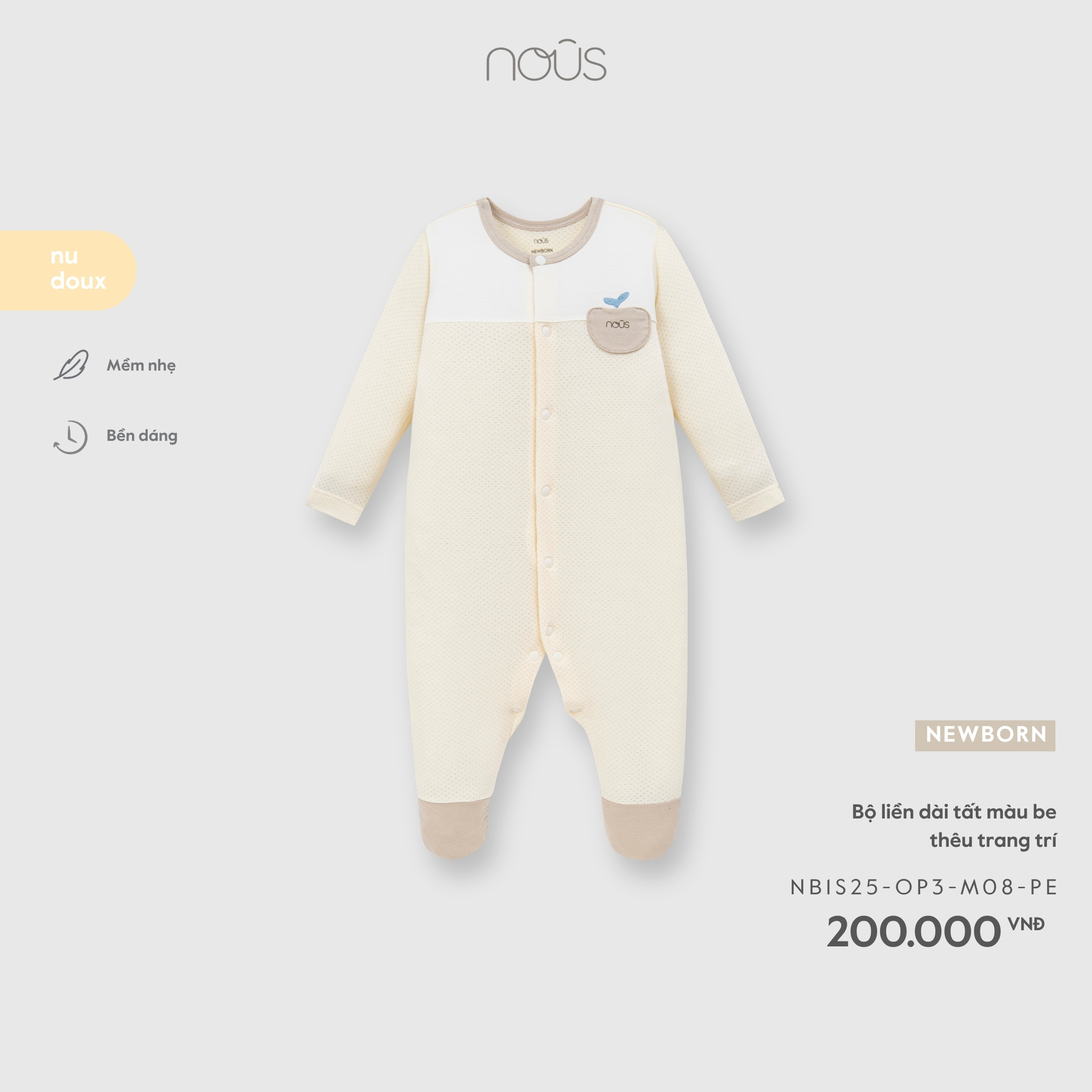 Nous Bộ liền dài tất màu be thêu trang trí NB