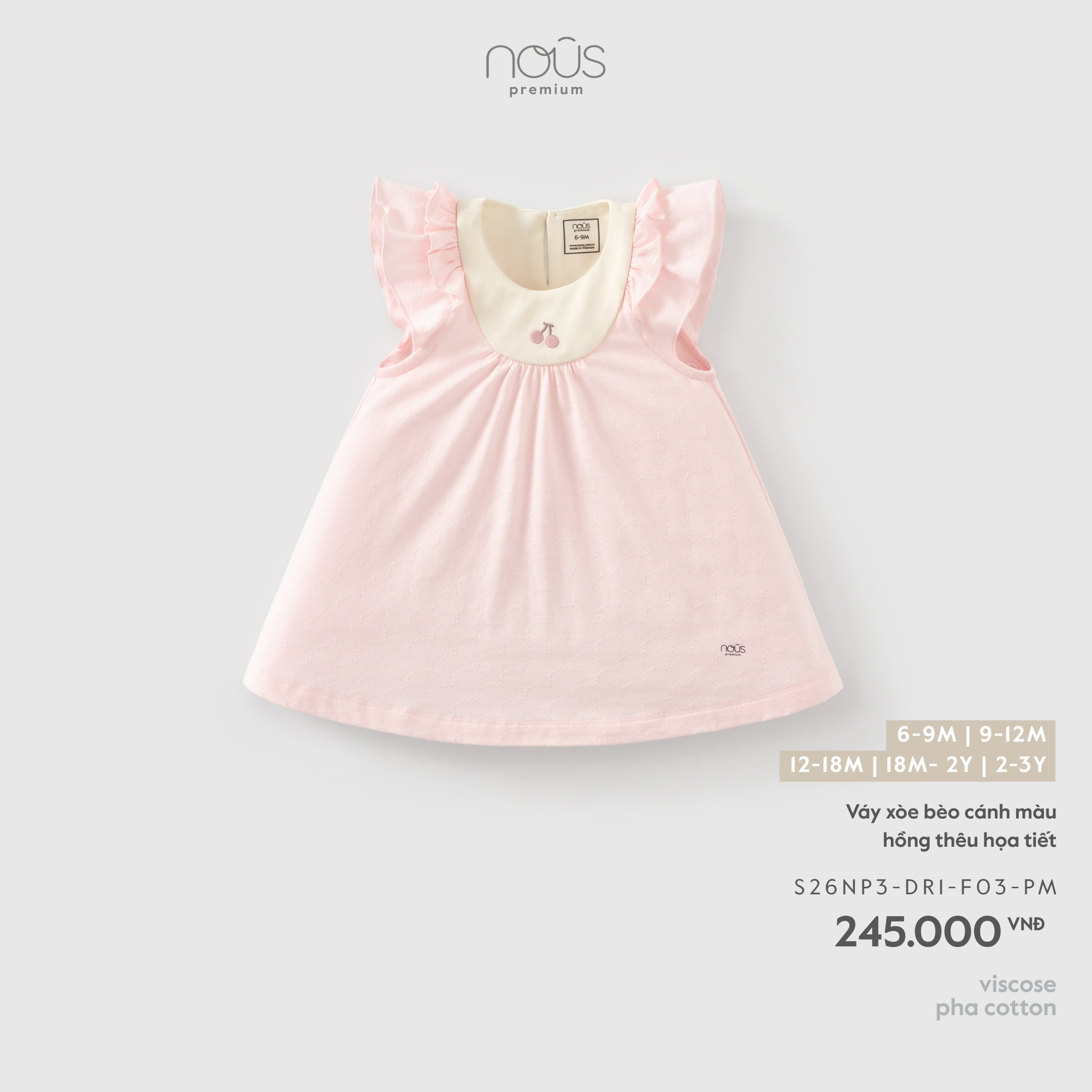 Nous Váy xòe bèo cánh màu hồng thêu họa tiết (6M,9M,12M,18M,2Y)