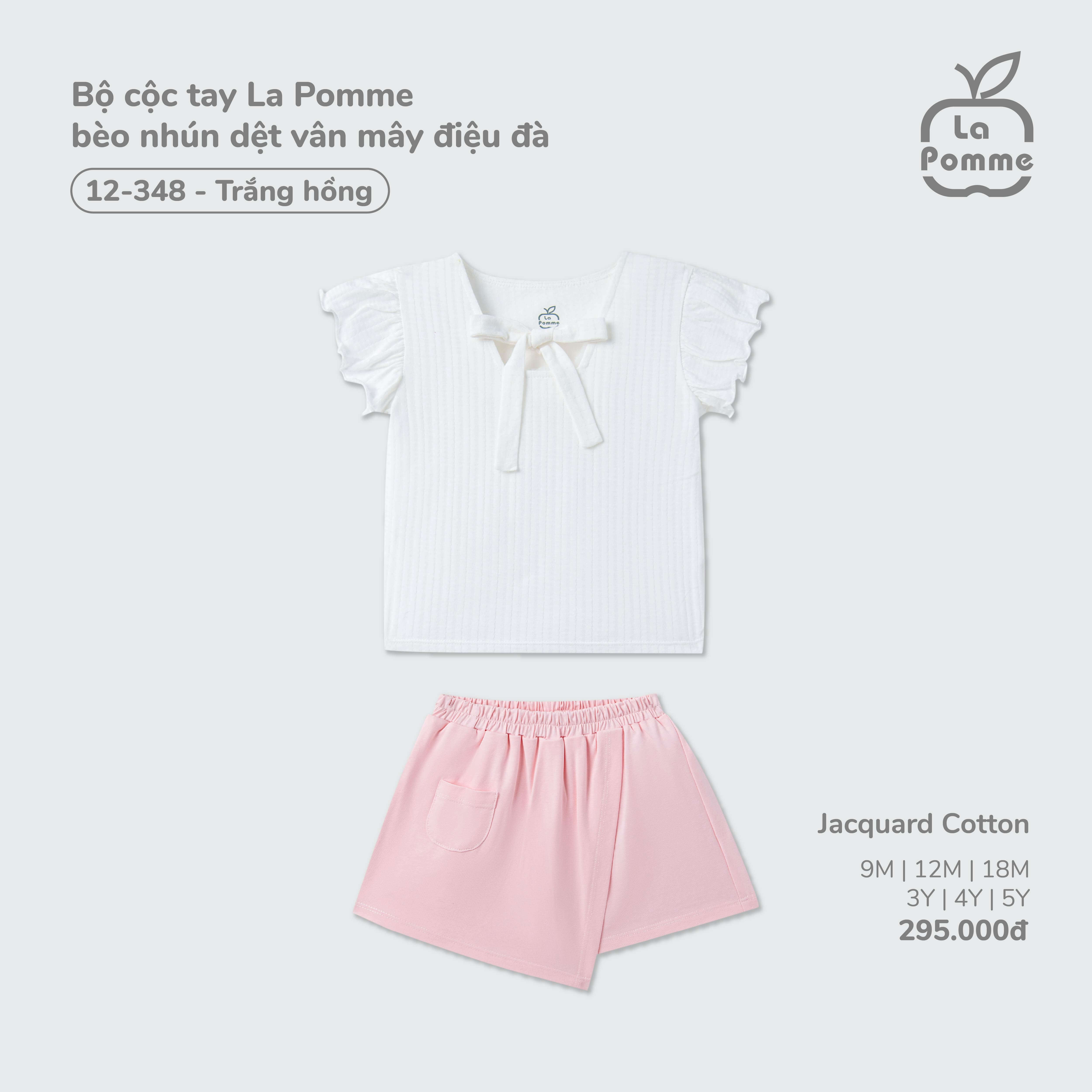 Bộ cộc tay La Pomme bèo nhún dệt vân mây điệu đà Trắng Hồng (9M,12M,18M,3Y,4Y,5Y) — ảnh 2