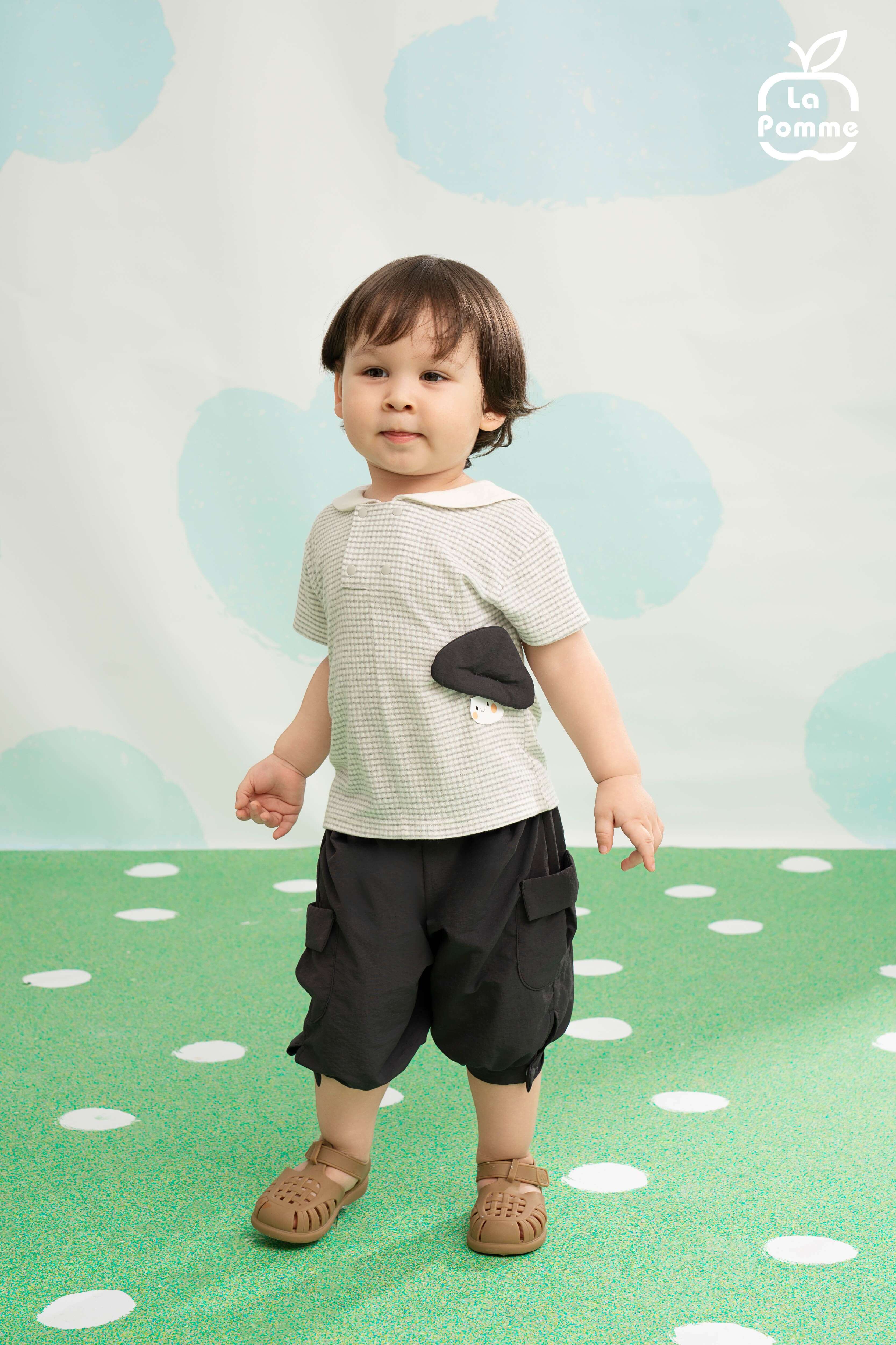 Bộ cộc tay La Pomme họa tiết cá tính nhà nấm siêu ngầu Ghi (12M,18M,3Y,4Y,5Y) — ảnh 3