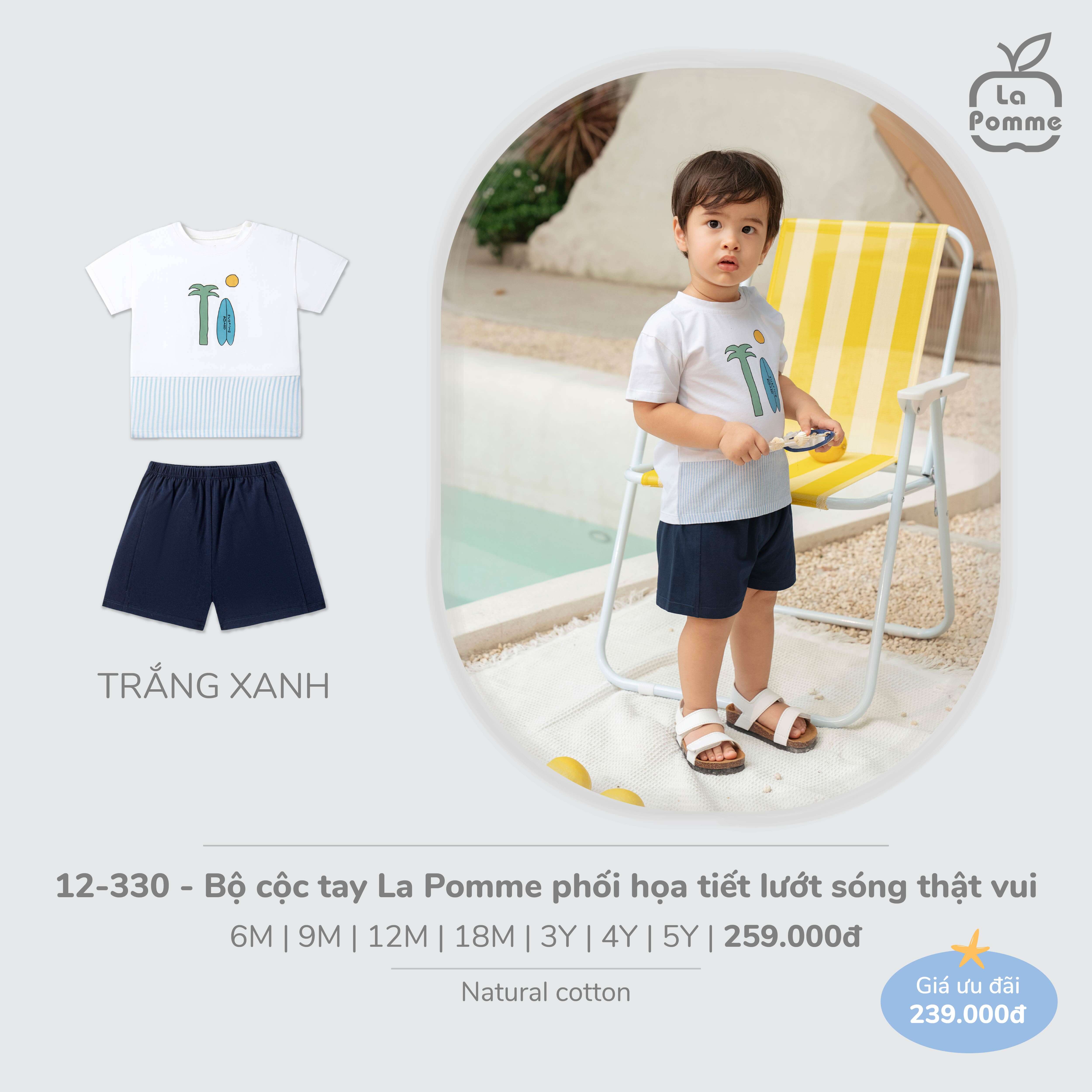 Bộ cộc tay La Pomme phối họa tiết lướt sóng thật vui Trắng Xanh (6M,9M,12M,18M,3Y,4Y,5Y) — ảnh 6