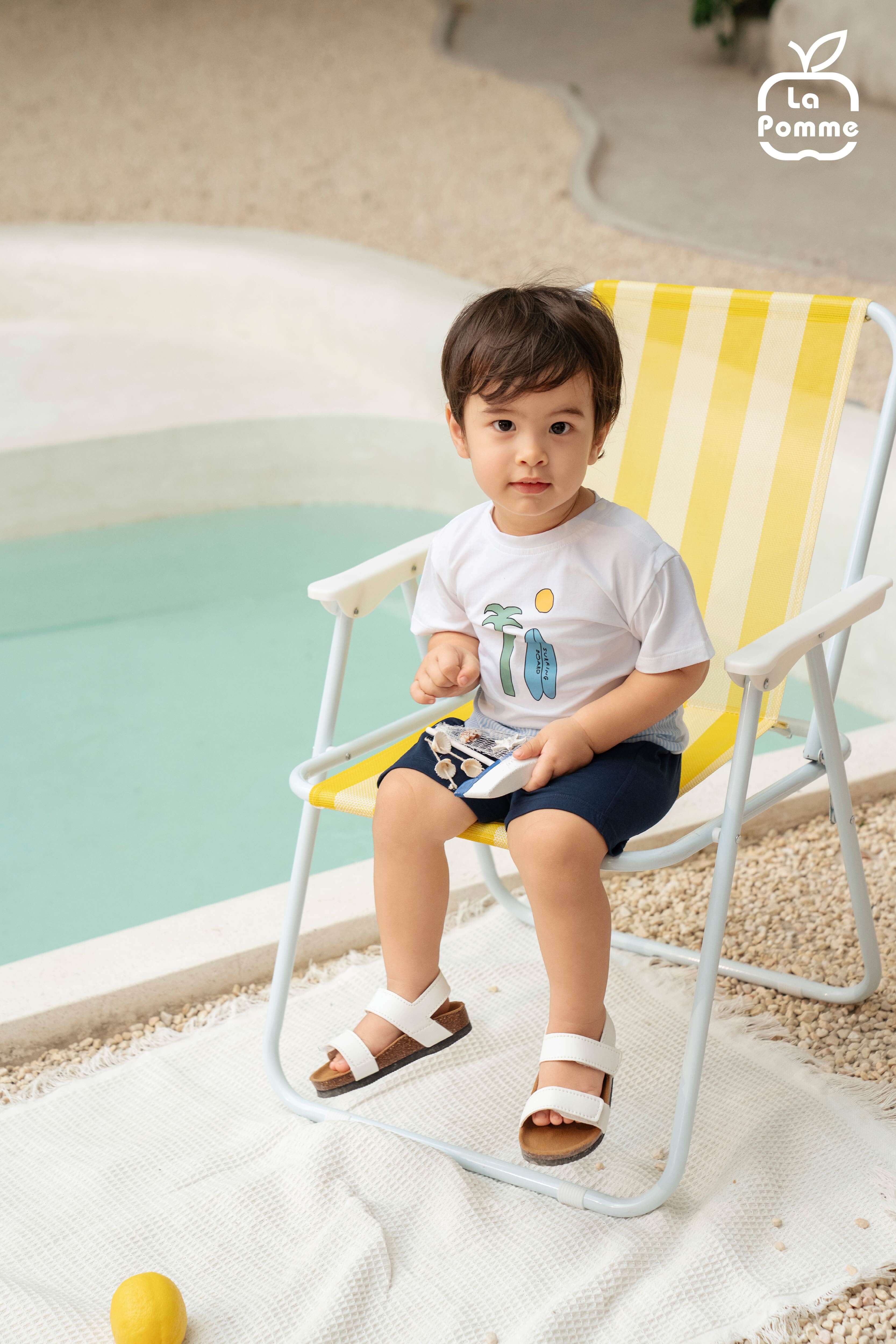 Bộ cộc tay La Pomme phối họa tiết lướt sóng thật vui Trắng Xanh (6M,9M,12M,18M,3Y,4Y,5Y)