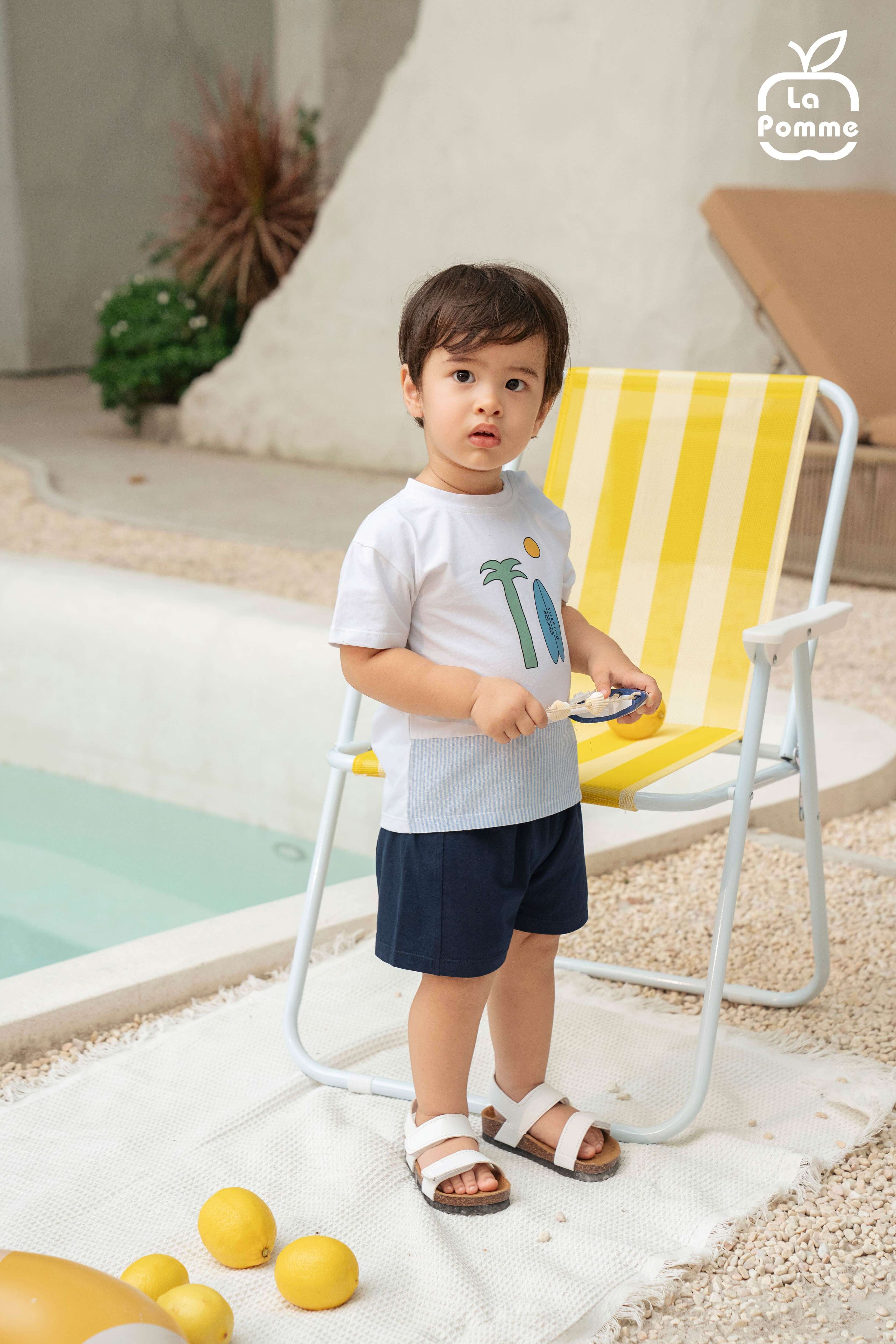 Bộ cộc tay La Pomme phối họa tiết lướt sóng thật vui Trắng Xanh (6M,9M,12M,18M,3Y,4Y,5Y) — ảnh 2