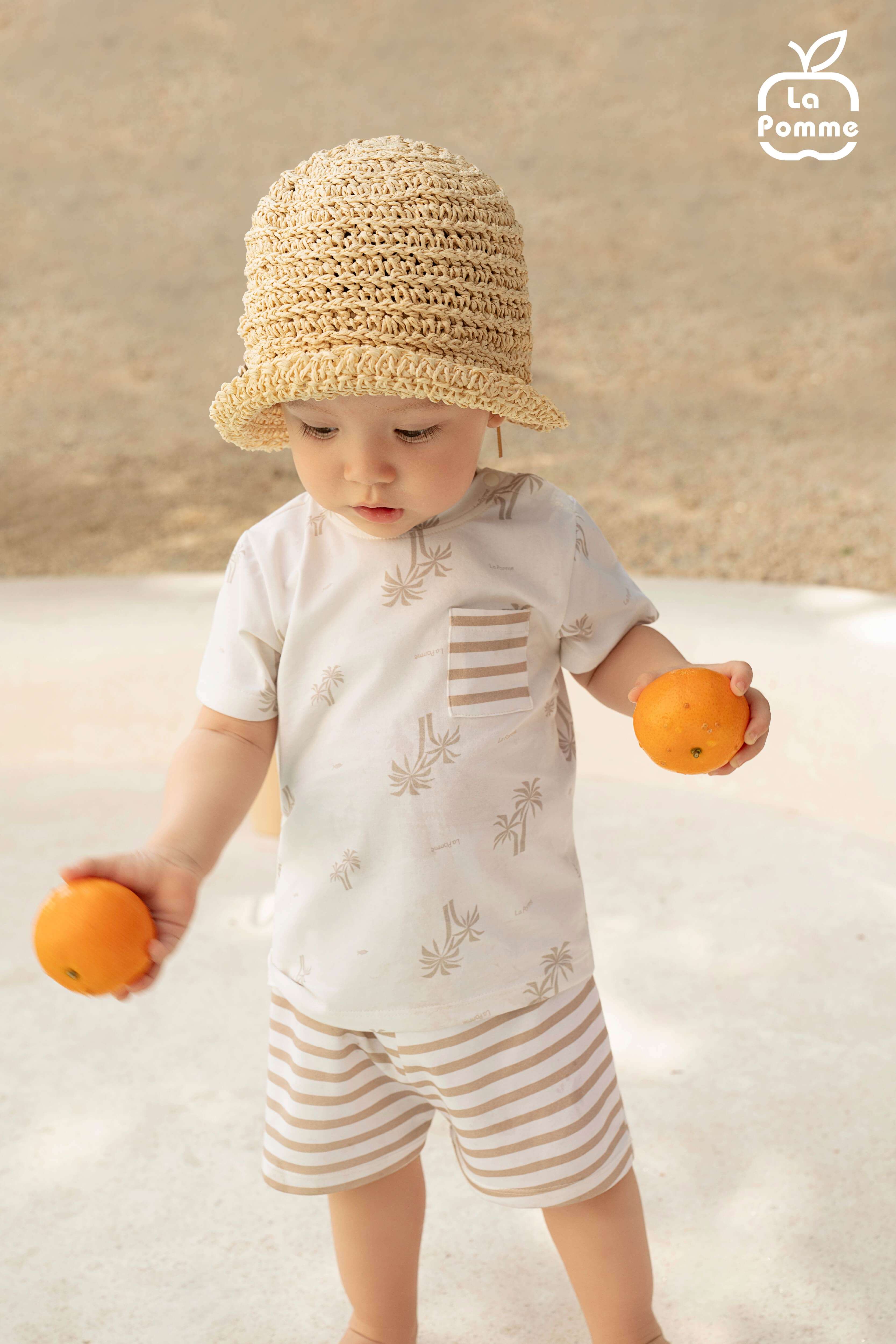 Bộ cộc tay La Pomme phối họa tiết bãi biển chilling Trắng Be (6M,9M,12M,18M,3Y) — ảnh 3