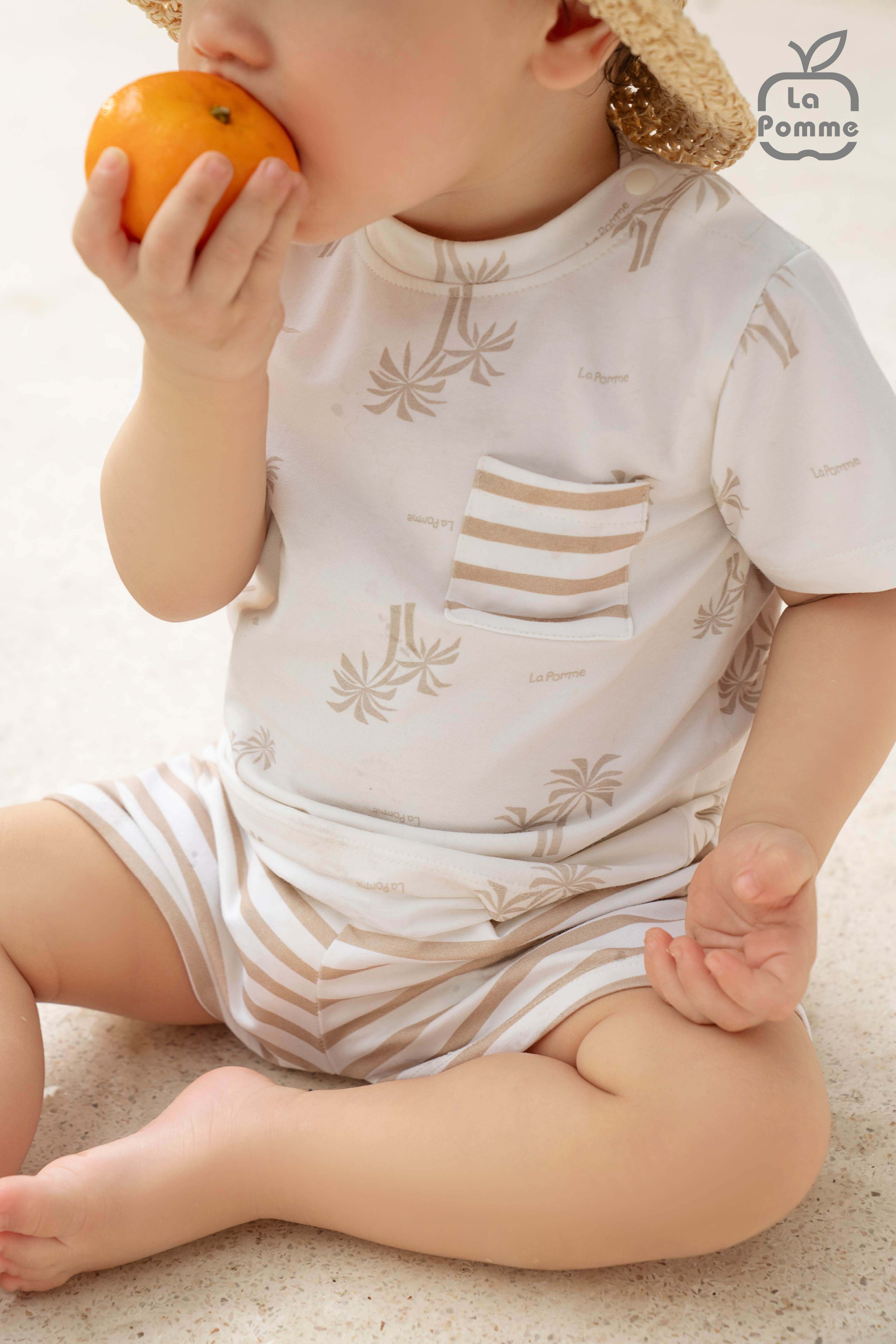 Bộ cộc tay La Pomme phối họa tiết bãi biển chilling Trắng Be (6M,9M,12M,18M,3Y) — ảnh 4