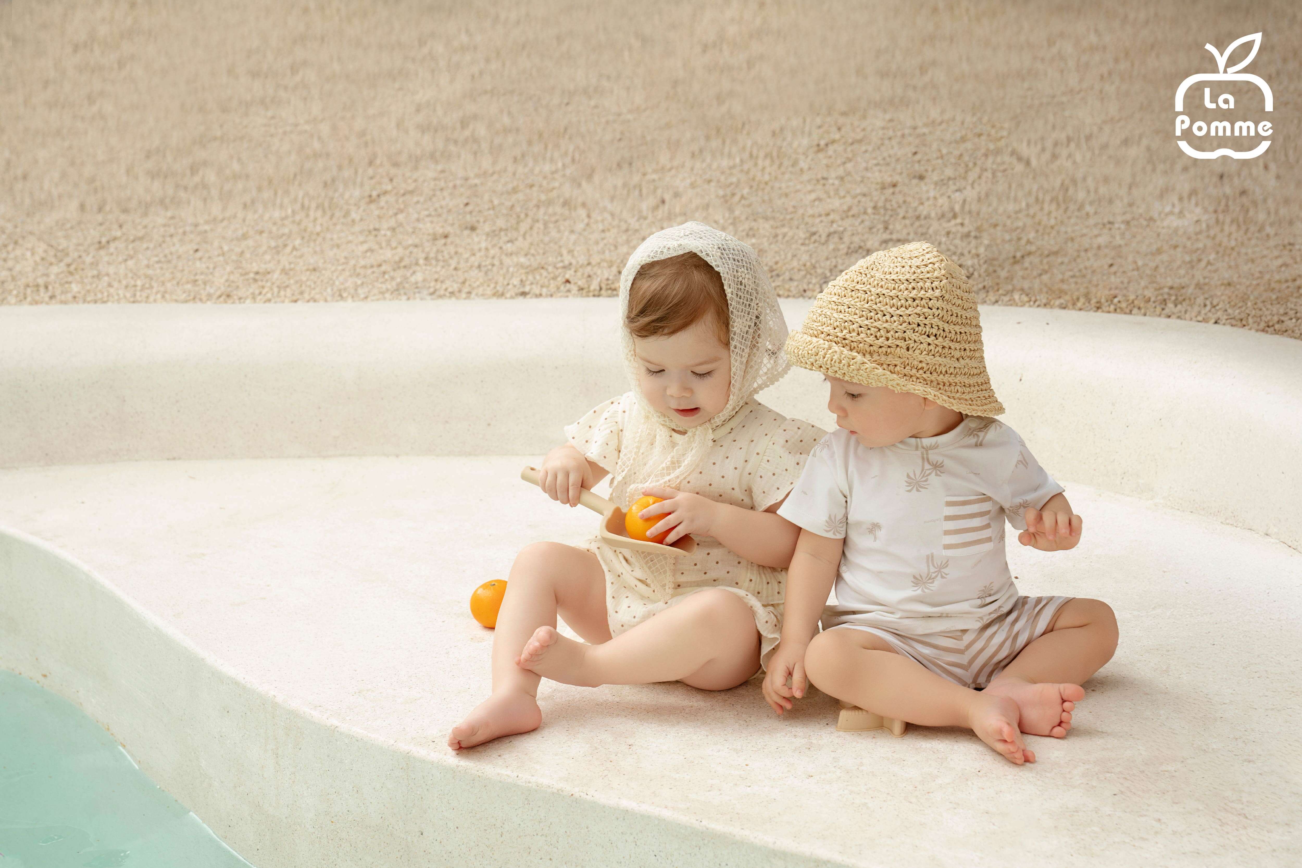 Bộ cộc tay La Pomme phối họa tiết bãi biển chilling Trắng Be (6M,9M,12M,18M,3Y) — ảnh 5