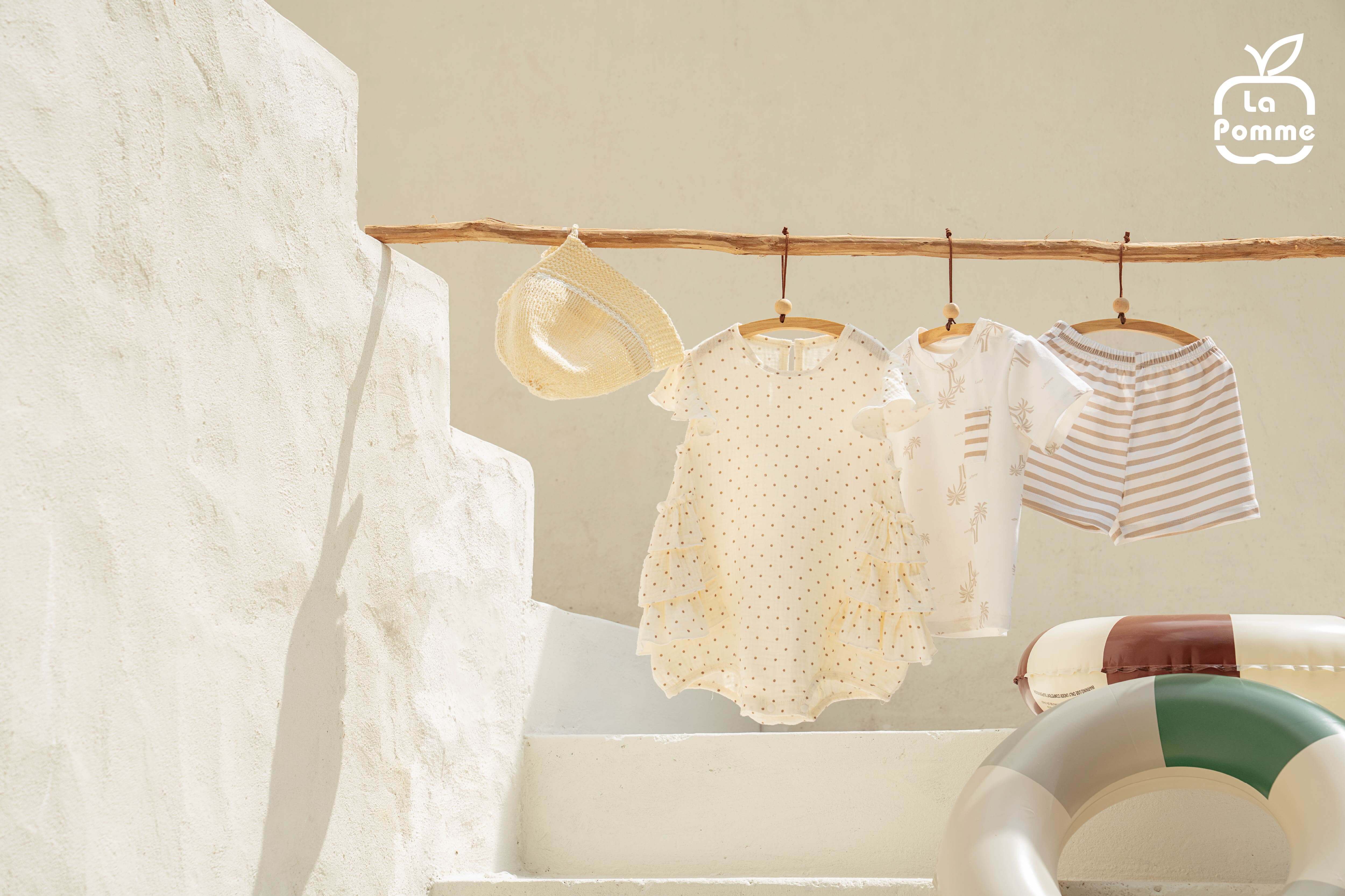 Bộ cộc tay La Pomme phối họa tiết bãi biển chilling Trắng Be (6M,9M,12M,18M,3Y) — ảnh 6