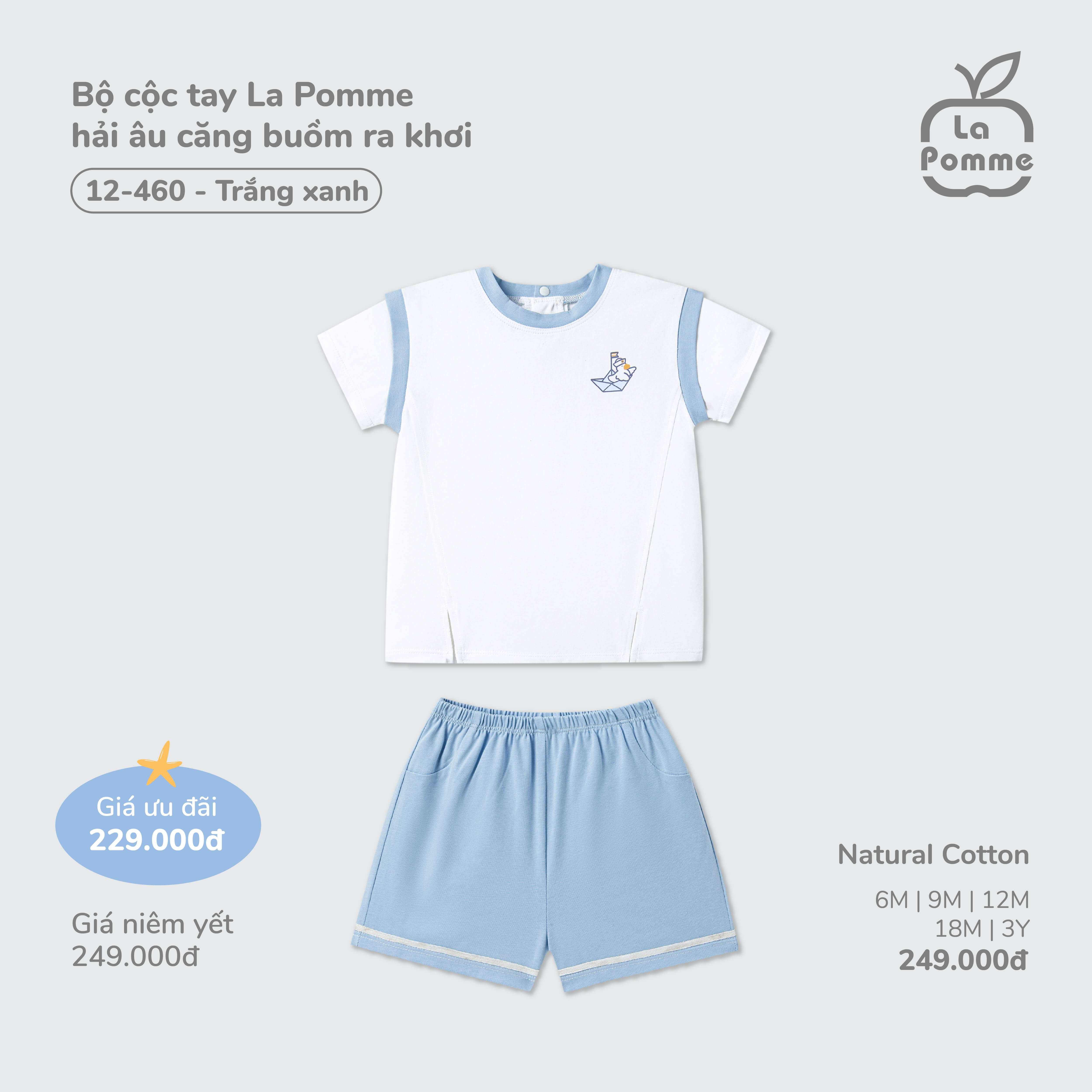 Bộ cộc tay La Pomme hải âu căng buồm ra khơi Trắng Xanh (6M,9M,12M,18M,3Y)