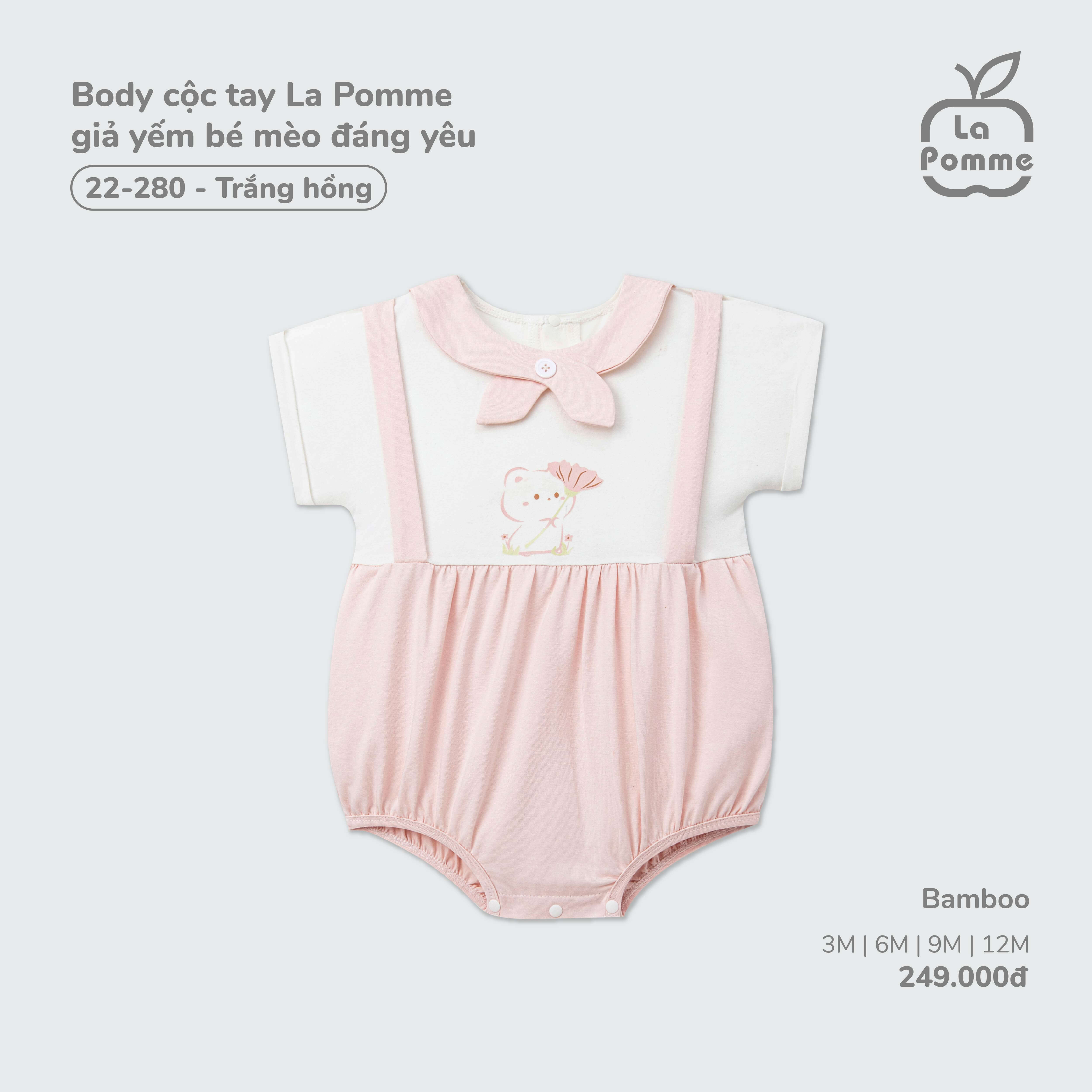Body cộc tay La Pomme giả yếm bé mèo đáng yêu Trắng Hồng (3M,6M,9M,12M)