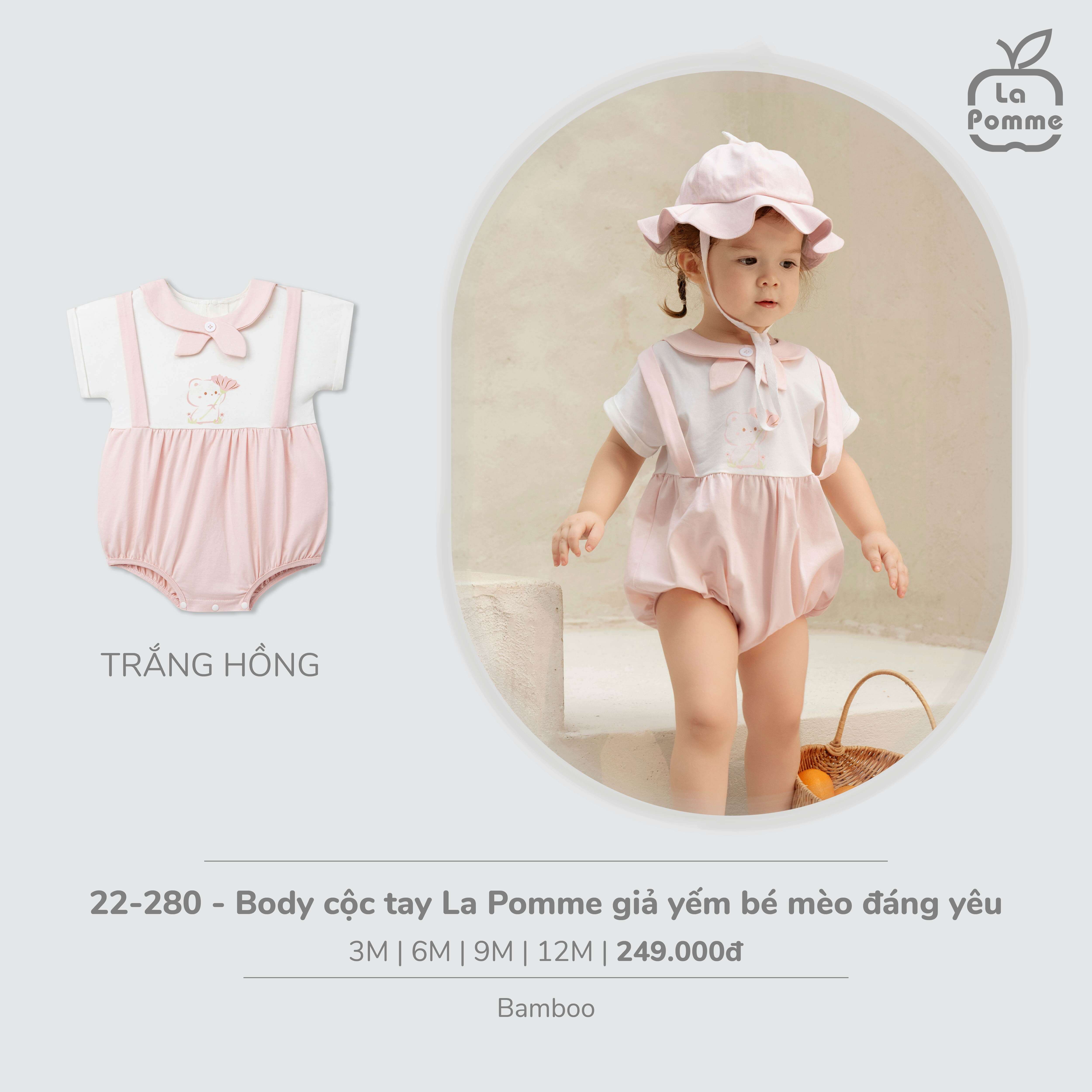 Body cộc tay La Pomme giả yếm bé mèo đáng yêu Trắng Hồng (3M,6M,9M,12M) — ảnh 3
