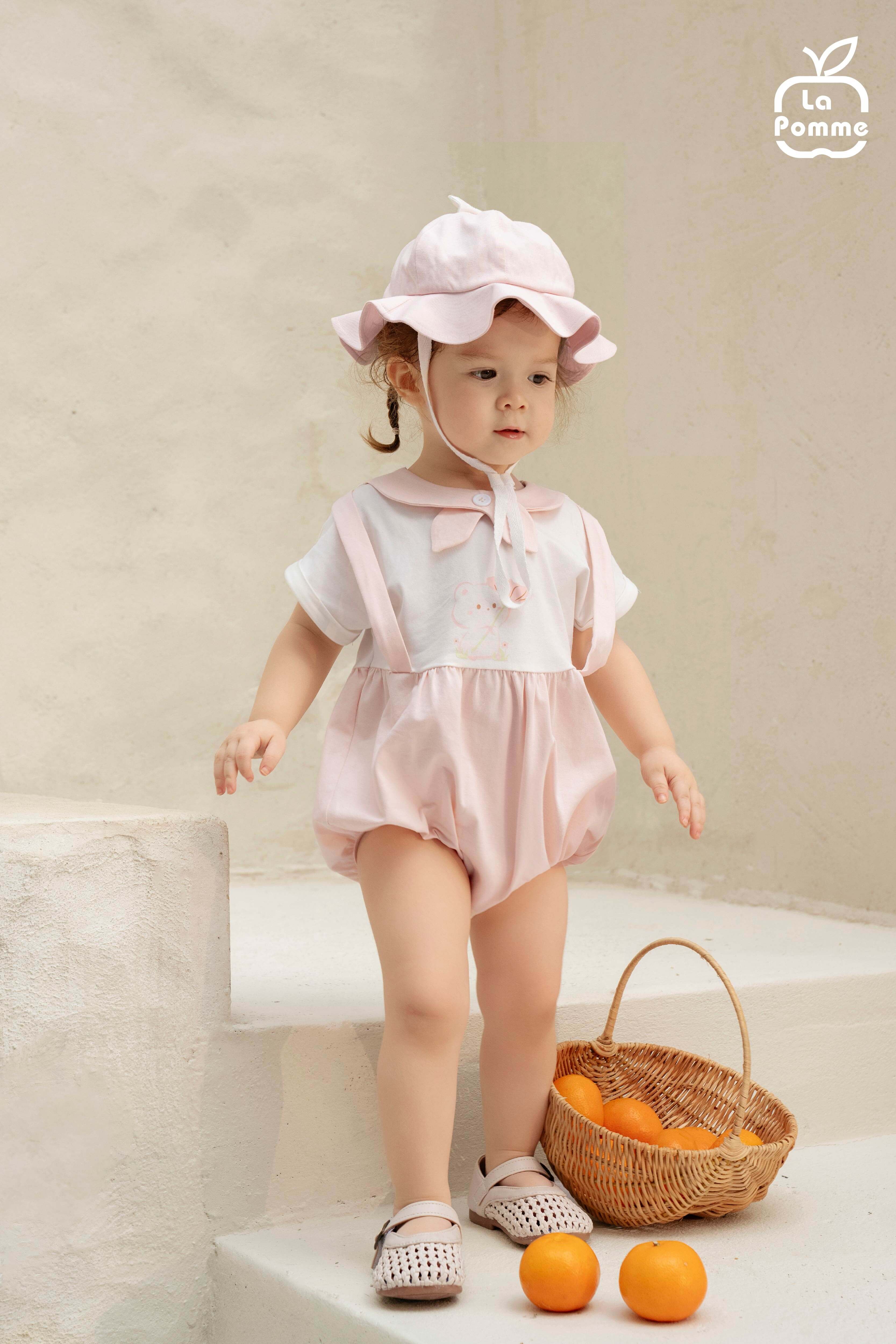 Body cộc tay La Pomme giả yếm bé mèo đáng yêu Trắng Hồng (3M,6M,9M,12M) — ảnh 4