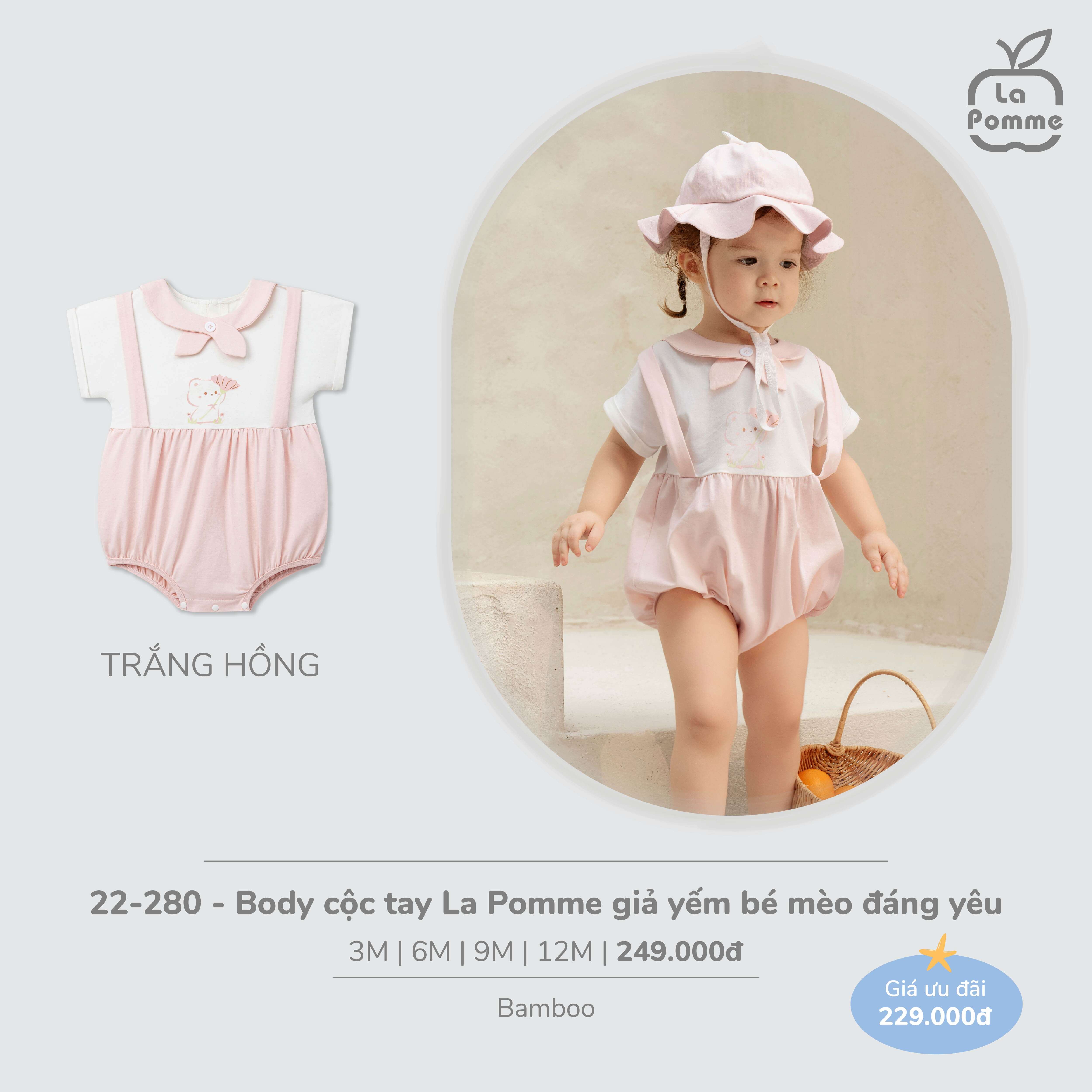 Body cộc tay La Pomme giả yếm bé mèo đáng yêu Trắng Hồng (3M,6M,9M,12M) — ảnh 7