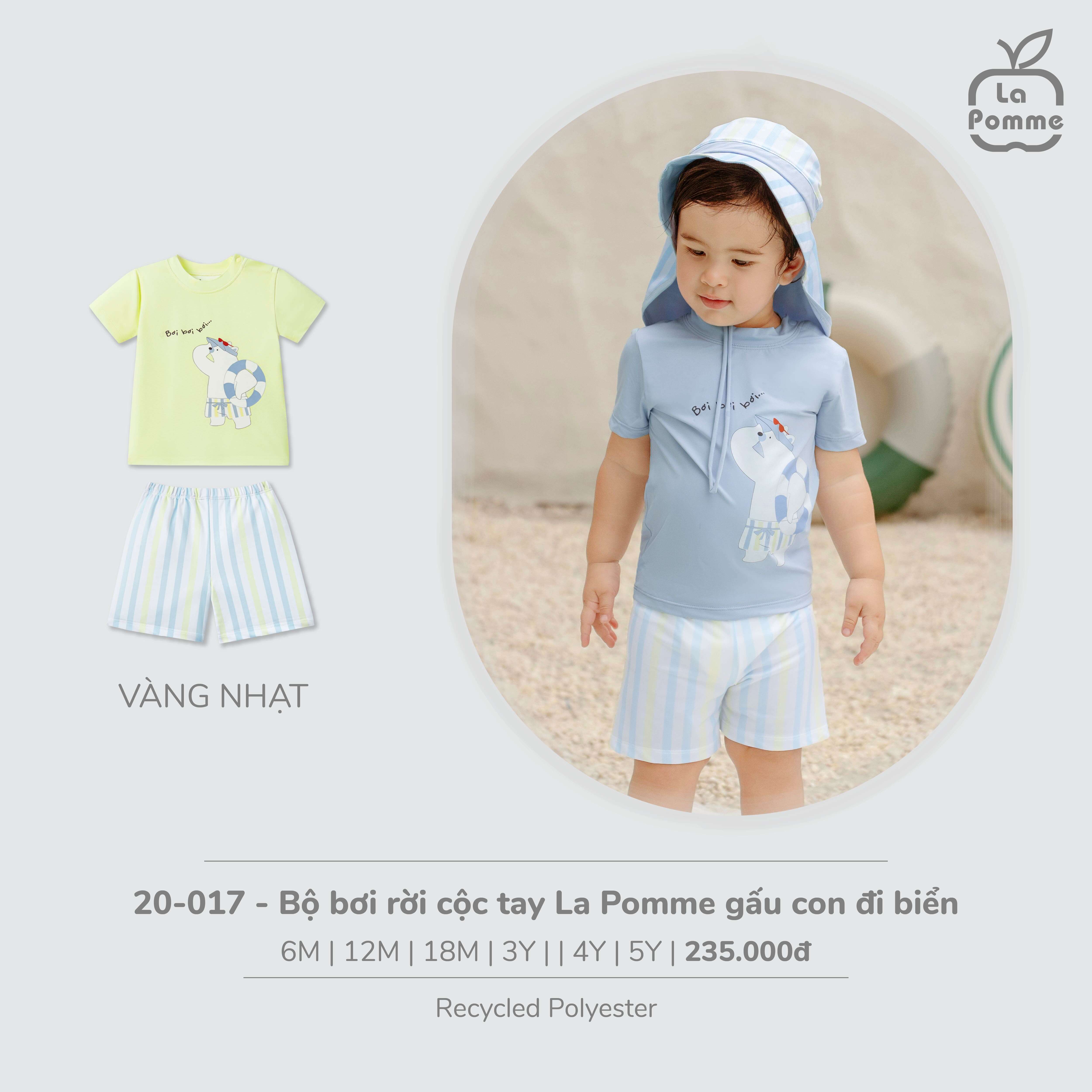 Bộ bơi rời cộc tay La Pomme gấu con đi biển Xanh nhạt (12M,18M,3Y,4Y,5Y)