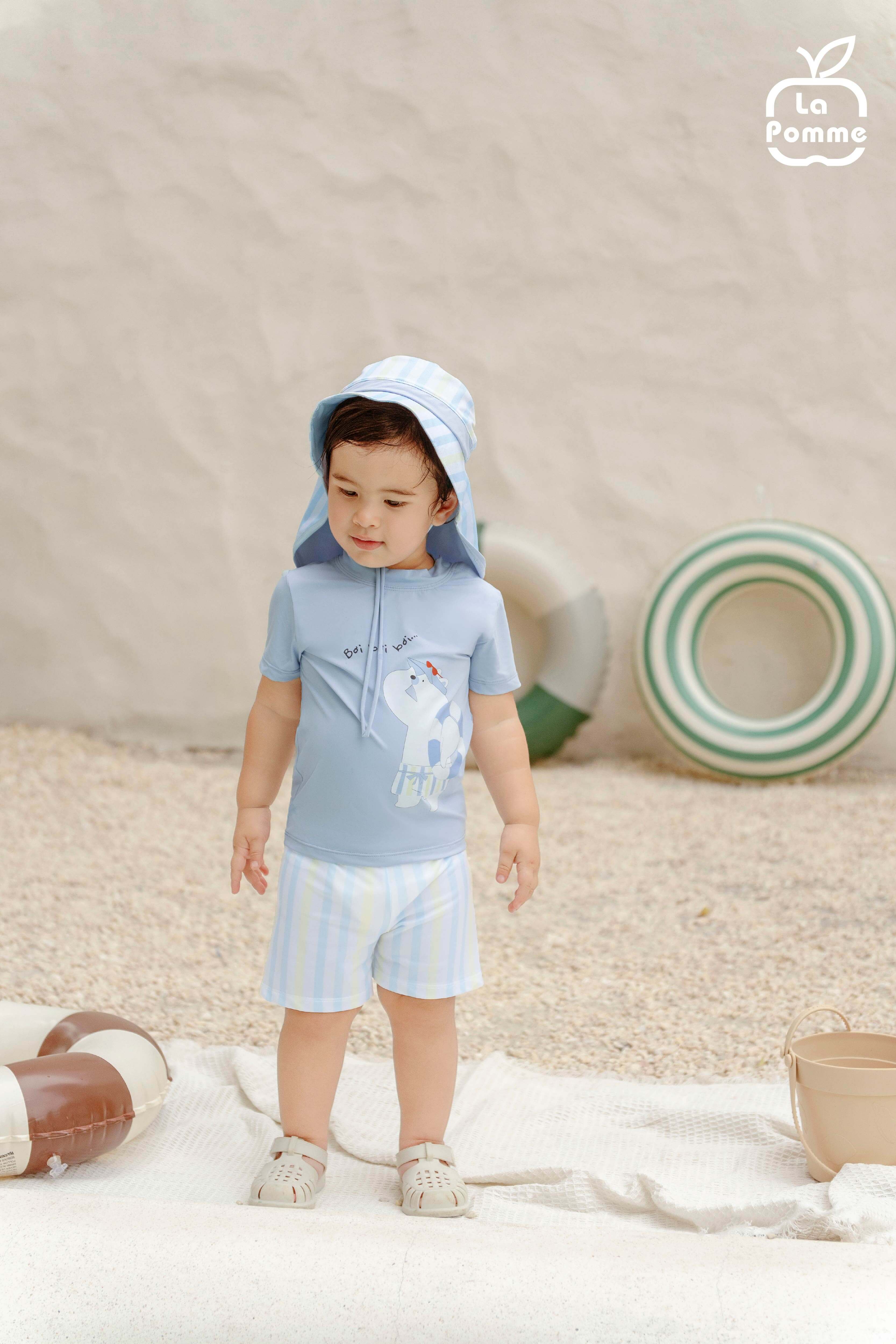 Bộ bơi rời cộc tay La Pomme gấu con đi biển Xanh nhạt (12M,18M,3Y,4Y,5Y) — ảnh 5