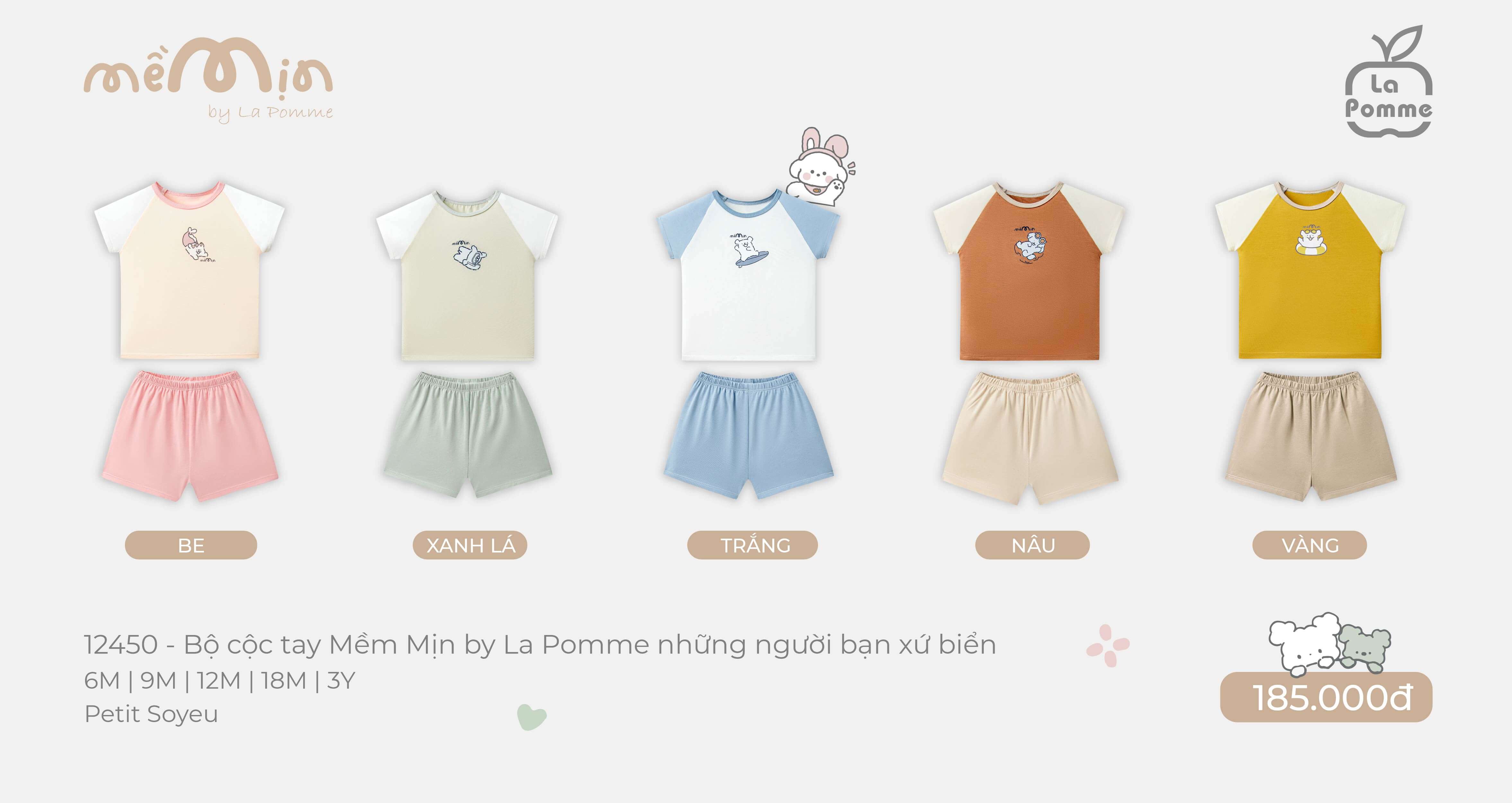 Bộ cộc tay Mềm Mịn by La Pomme những người bạn xứ biển Be (6M,9M,12M,18M,3Y) — ảnh 3