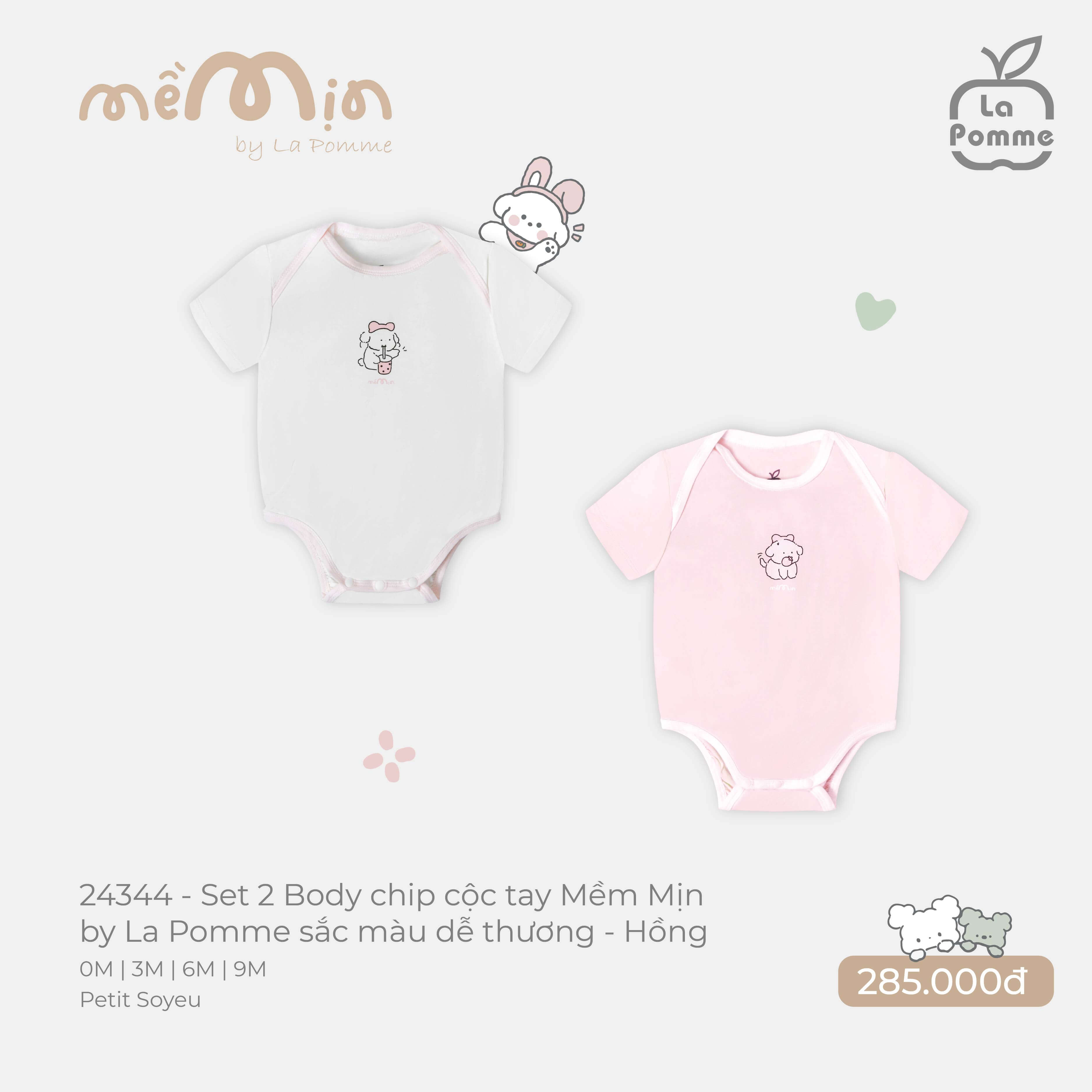 Set 2 Body chip cộc tay Mềm Mịn by La Pomme sắc màu dễ thương Hồng (0M,3M,6M,9M)