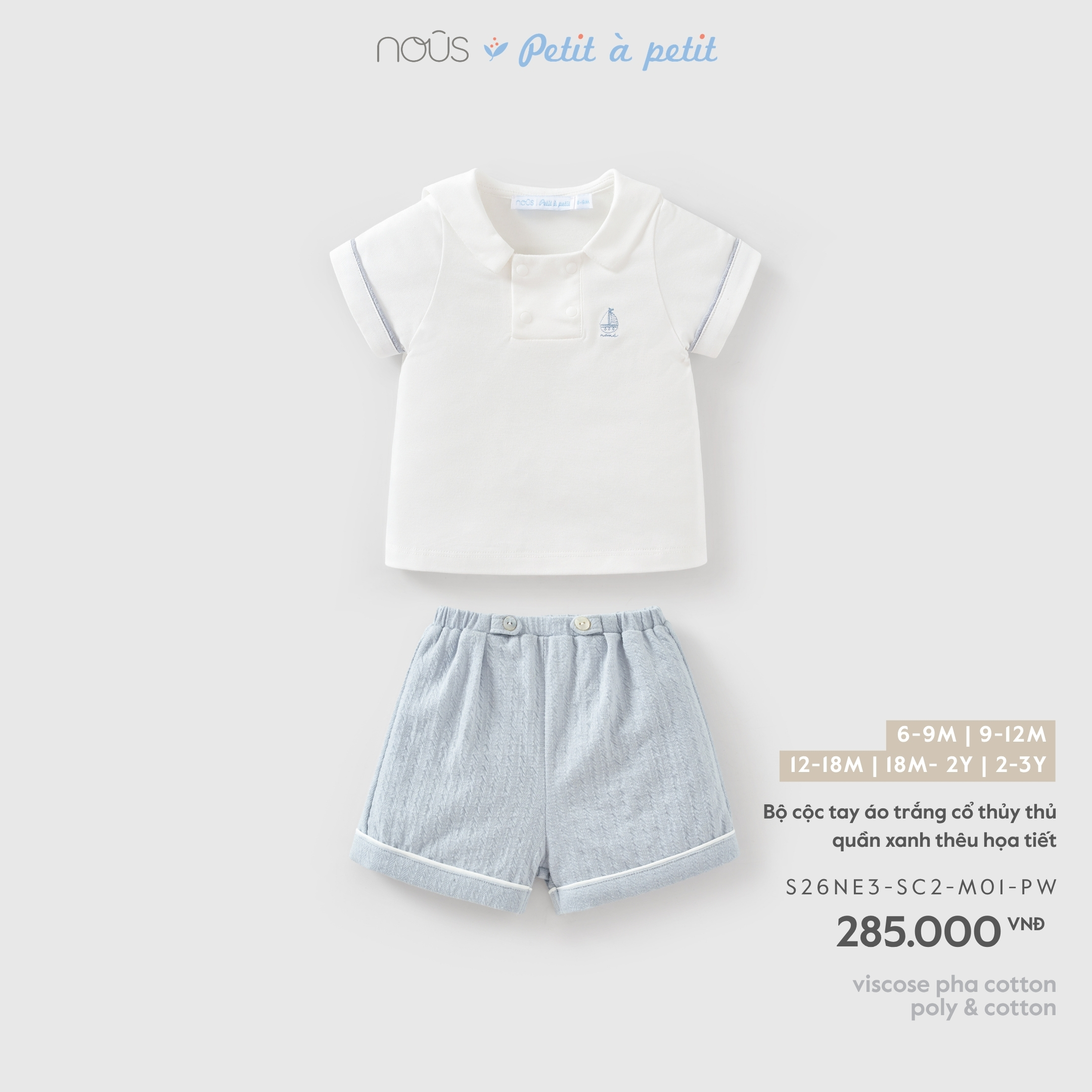 Nous Bộ cộc tay áo trắng cổ thủy thu quần xanh thêu họa tiết (6M,9M,12M,18M,2Y)