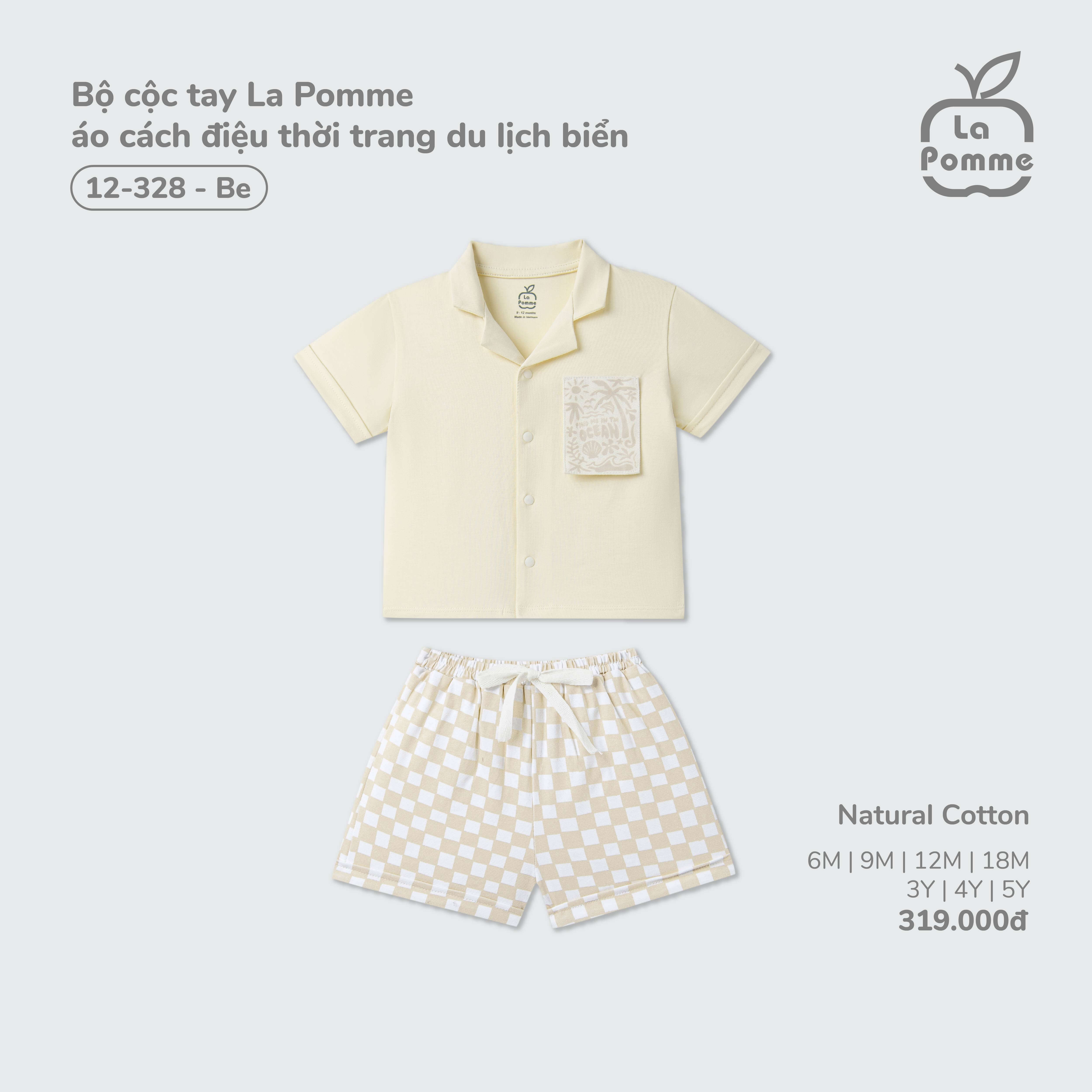 Bộ cộc tay La Pomme áo cách điệu thời trang du lịch biển Be (12M,18M,3Y,4Y,5Y)