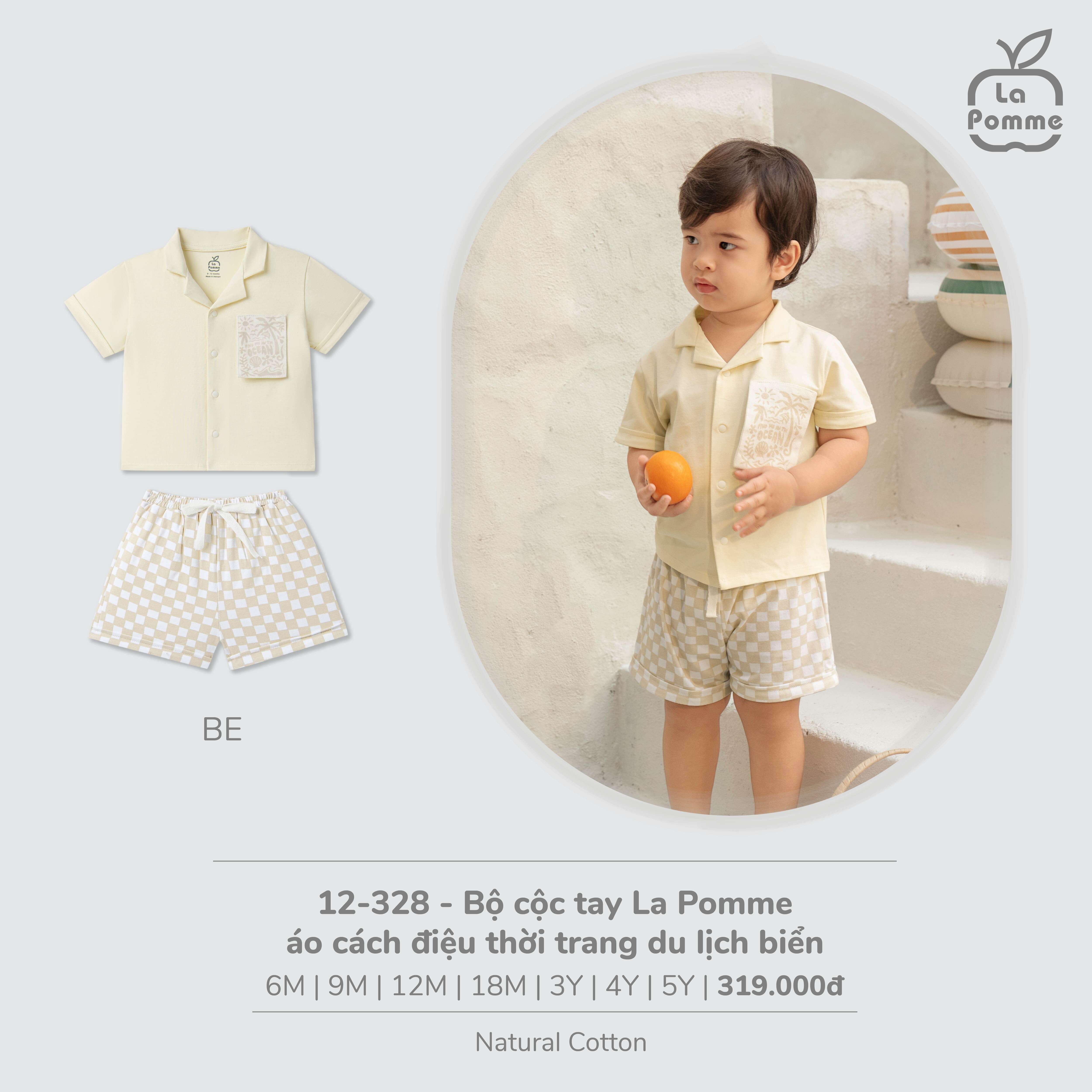 Bộ cộc tay La Pomme áo cách điệu thời trang du lịch biển Be (12M,18M,3Y,4Y,5Y) — ảnh 2