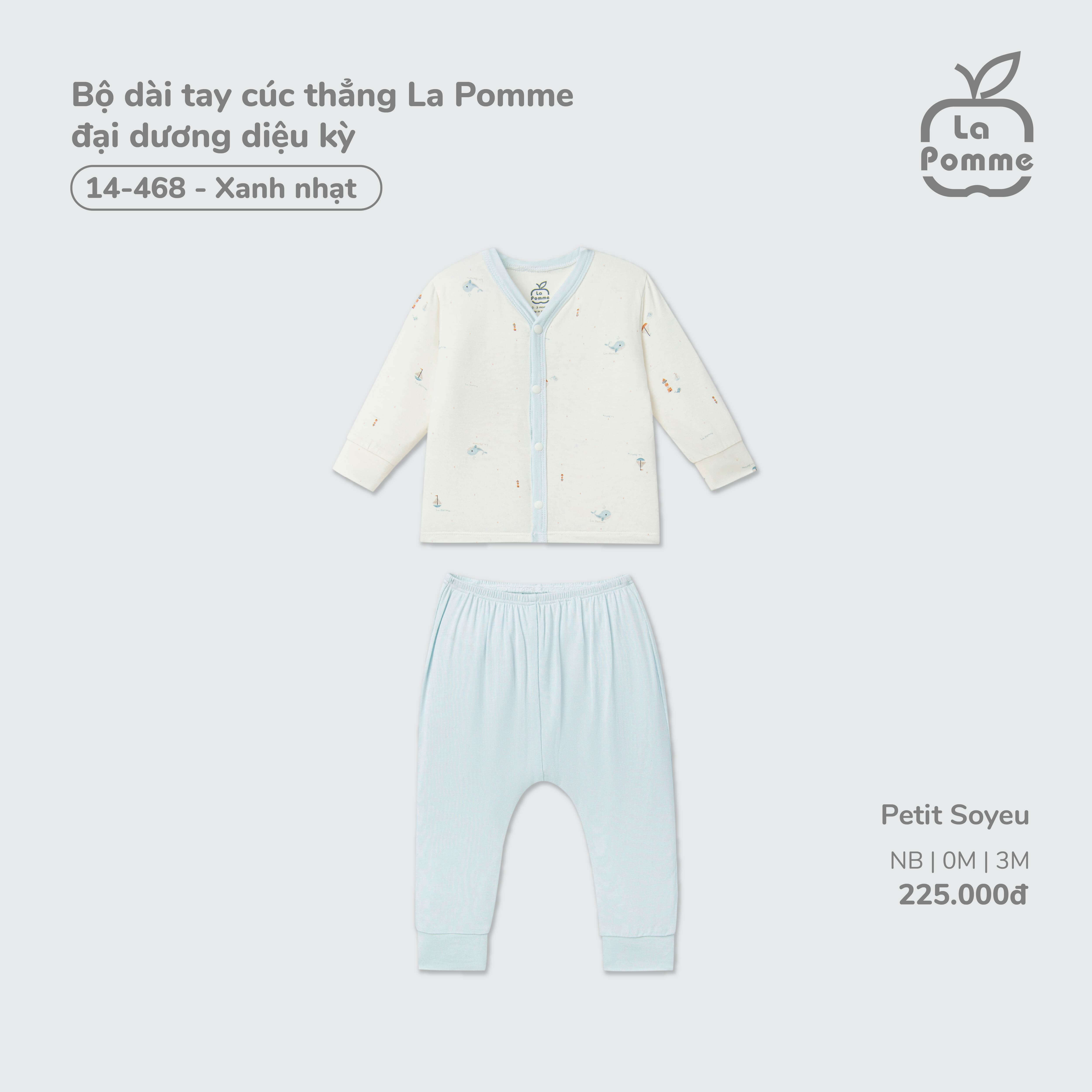 Bộ dài tay cúc thẳng La Pomme đại dương diệu kỳ Xanh nhạt (Newborn,0M,3M)