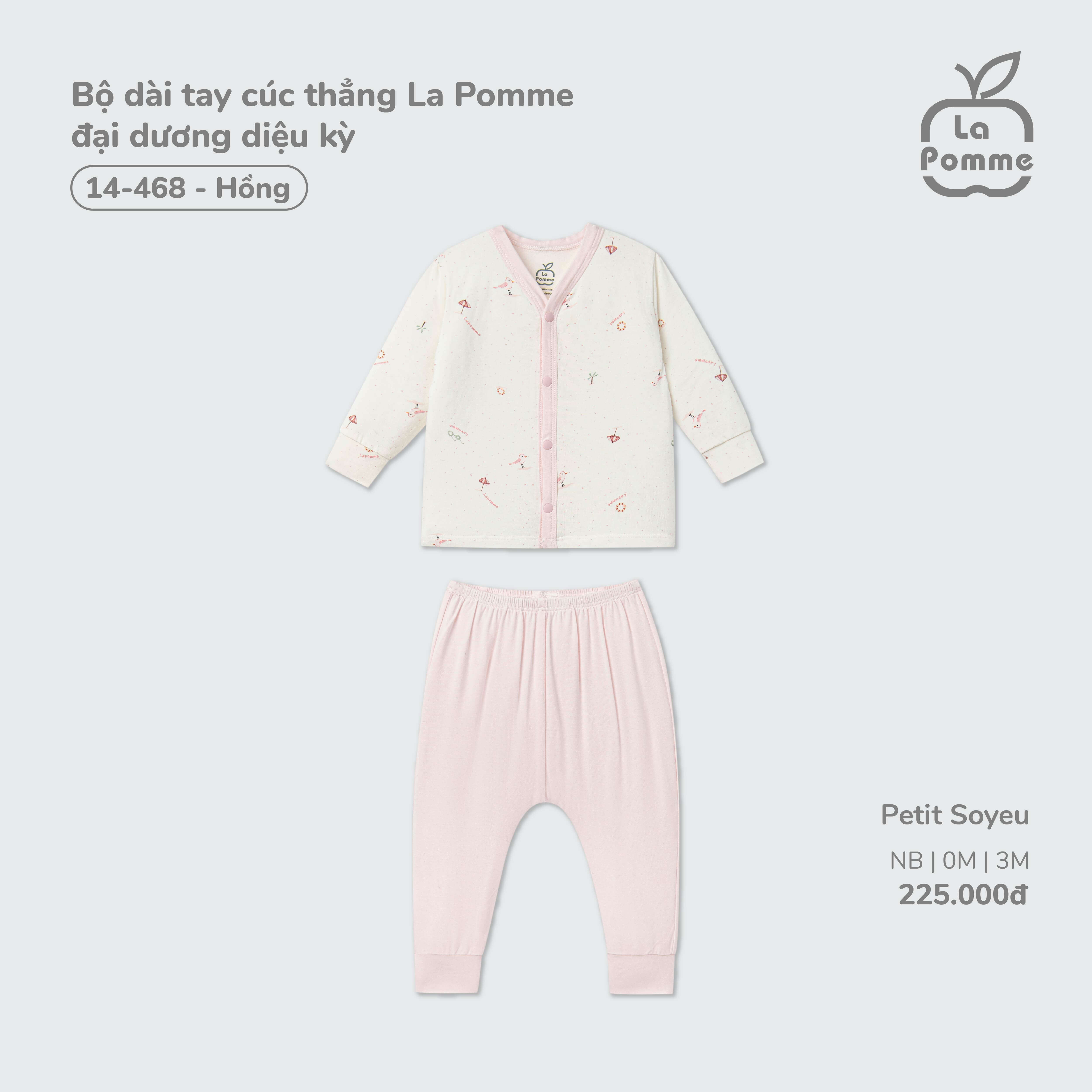 Bộ dài tay cúc thẳng La Pomme đại dương diệu kỳ Hồng (Newborn,0M,3M)