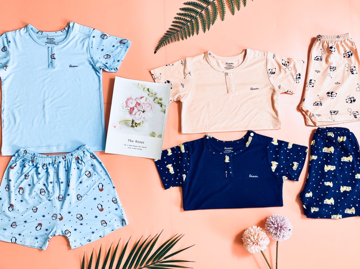 Bộ quần áo Avaler cài vai cộc phối trụ (6-9M, 9-12M, 12-18M, 18-24M, 2-3Y, 3-4Y), (Họa tiết Xanh Tím Than, Xanh Blue, Hồng)