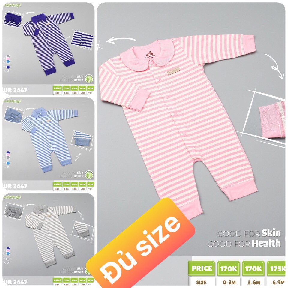Body Ualarogo sơ sinh Bamboo có cổ (0-3M, 3-6M), (Họa tiết Xanh Navy, Xanh)