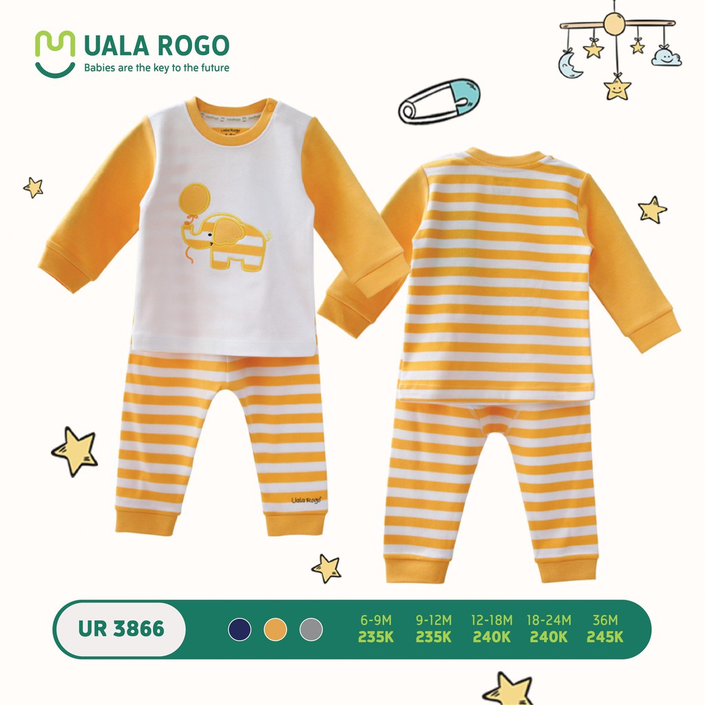 Bộ quần áo Ualarogo nỉ cài vai kẻ sọc (9-12M, 18-24M), (Màu Xanh, Vàng, Ghi) — ảnh 2