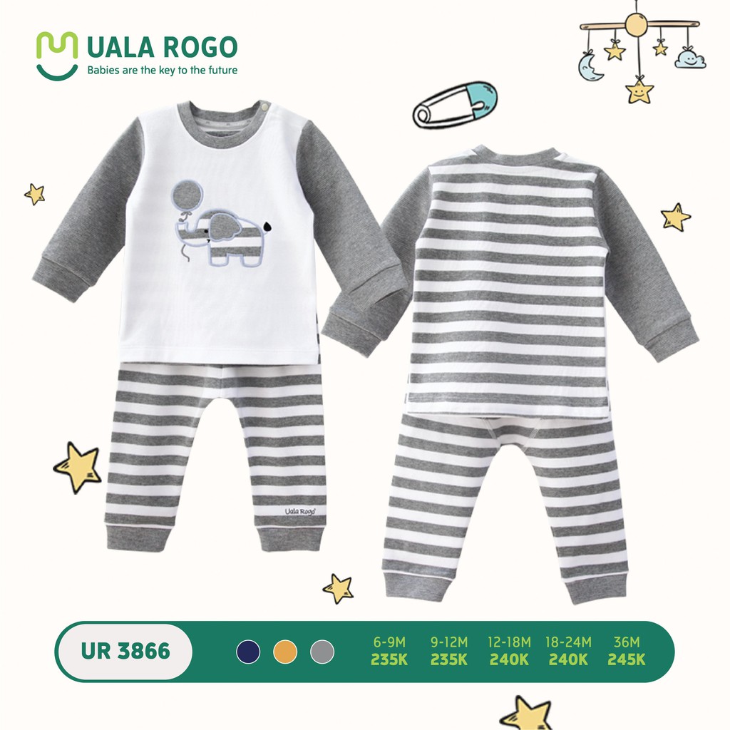 Bộ quần áo Ualarogo nỉ cài vai kẻ sọc (9-12M, 18-24M), (Màu Xanh, Vàng, Ghi) — ảnh 3