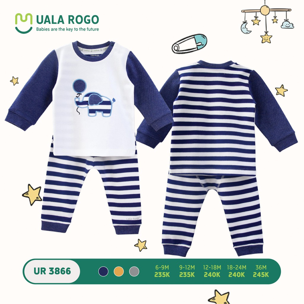 Bộ quần áo Ualarogo nỉ cài vai kẻ sọc (9-12M, 18-24M), (Màu Xanh, Vàng, Ghi) — ảnh 4