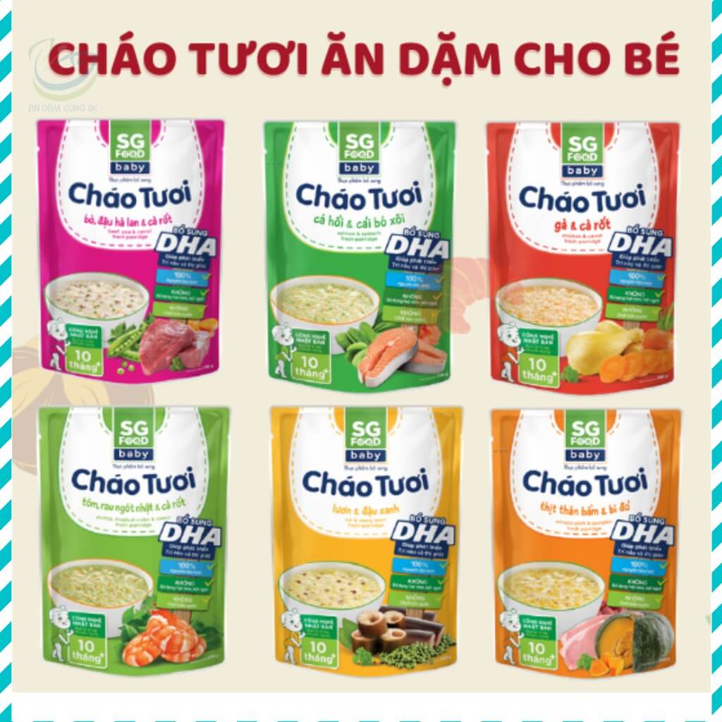 Cháo tươi SG Food - Cháo (Vị Gà cà rốt, vị Gà ác nhân sâm, vị Tôm rau ngót nhật cà rốt, vị Sườn non ngũ đậu, vị Bò đậu hà lan cà rốt, vị Thịt thăn bằm bí đỏ)