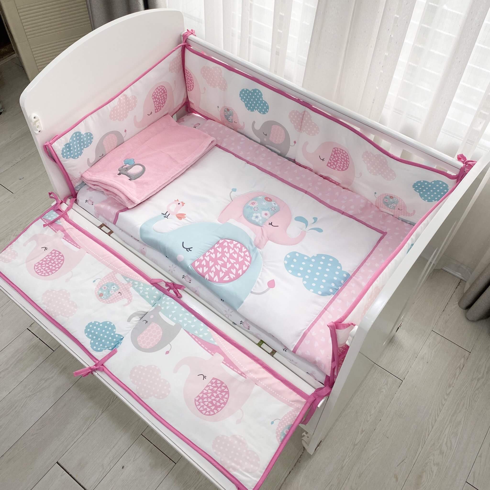 Quây cũi vải 9 món Umoo (dành cho quây cũi gỗ) (Quây Vải trắng, quây Vải thỏ hồng, quây Vải voi hồng, quây Vải voi xám, quây Vải xương rồng) — ảnh 3