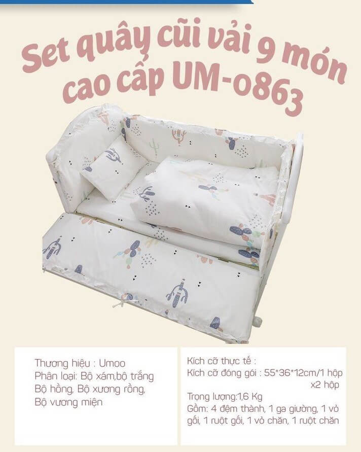 Quây cũi vải 9 món Umoo (dành cho quây cũi gỗ) (Quây Vải trắng, quây Vải thỏ hồng, quây Vải voi hồng, quây Vải voi xám, quây Vải xương rồng) — ảnh 5