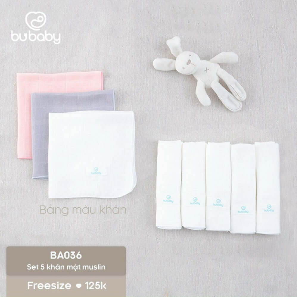 Khăn mặt Bu baby Muslin - Free (Màu Mint, Trắng, Hồng), (Pack 3, Pack 5)